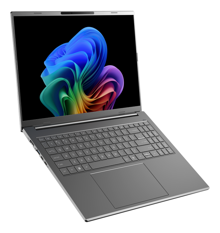 Laptop mit farbenfrohem Display, Tastatur sichtbar.