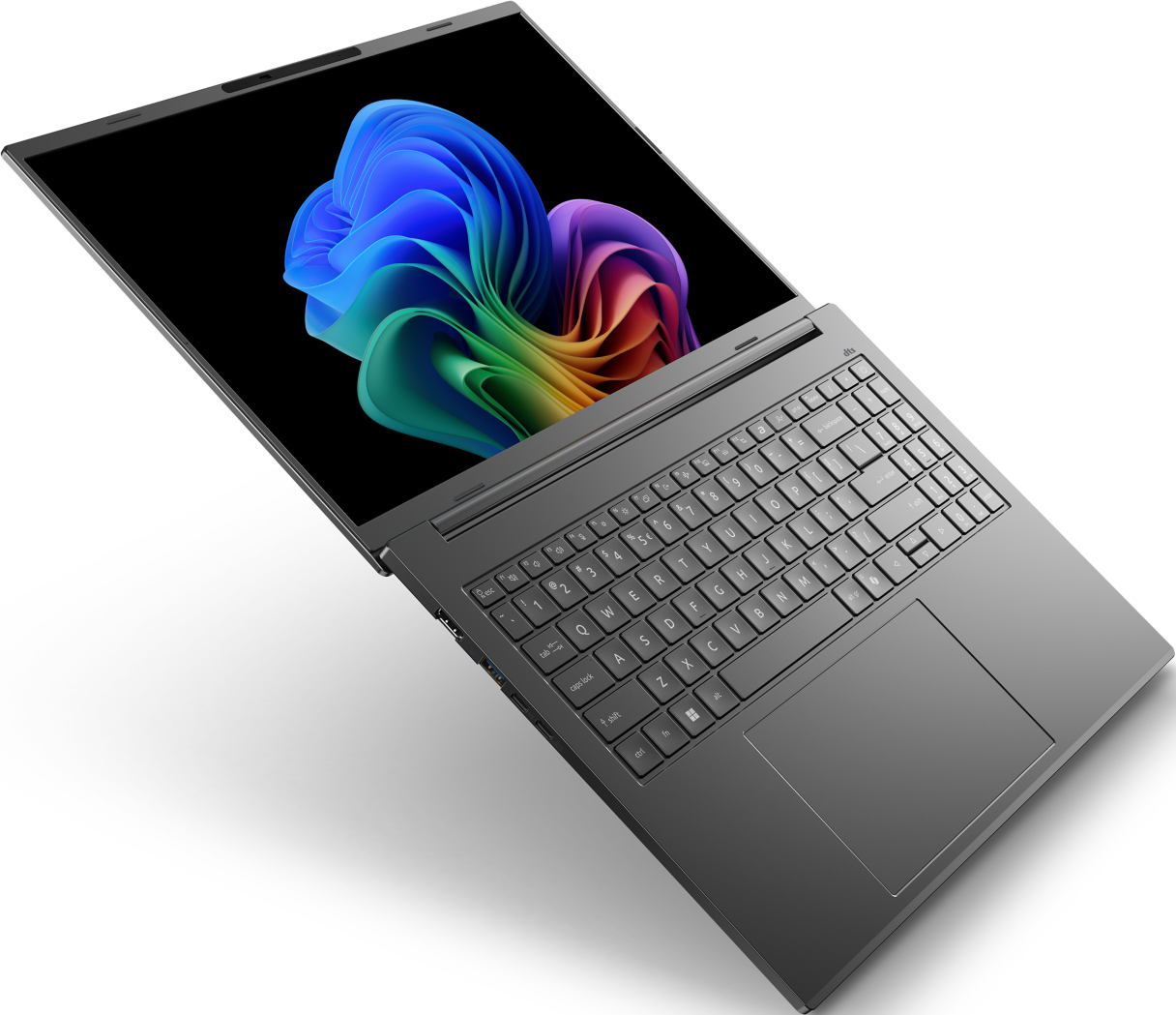 Laptop mit farbenfrohem Bildschirm, schräge Ansicht.