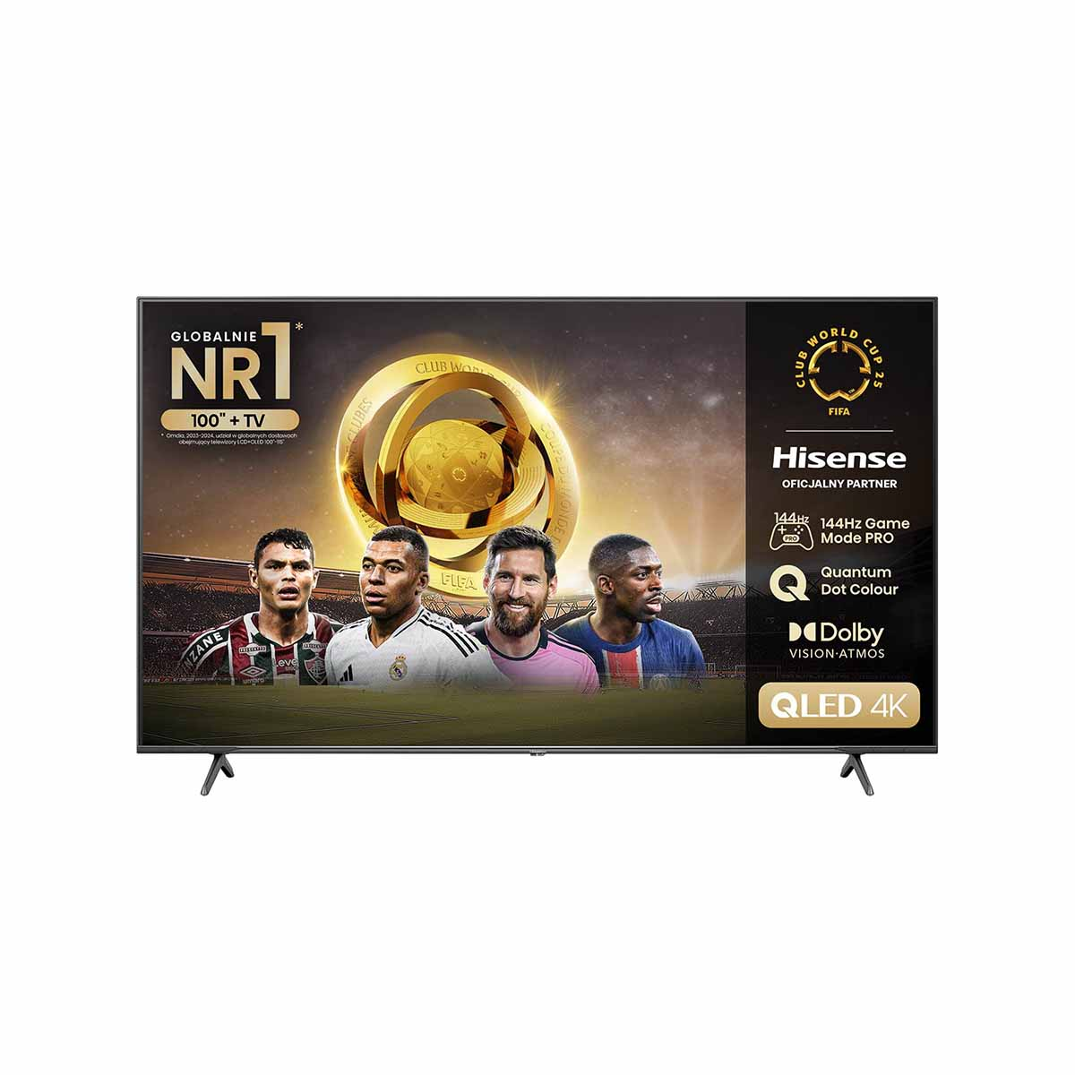 Telewizor Hisense QLED 4K. Piłkarze tacy jak Messi i Mbappe na ekranie. Funkcje: Dolby, Quantum Dot i Tryb Gry 144Hz.