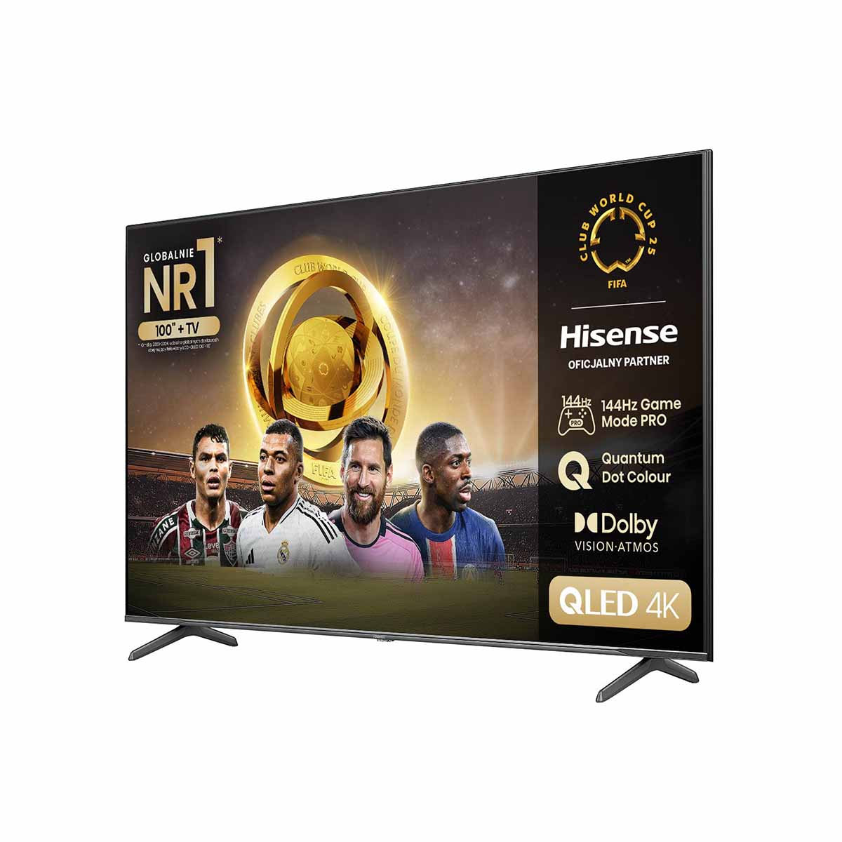 Telewizor Hisense QLED 4K wyświetla piłkarzy i grafikę FIFA. Funkcje obejmują Dolby Vision, 144Hz i Quantum Dot.
