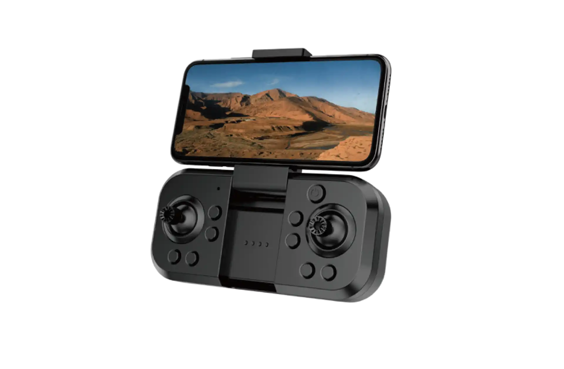 Schwarze Fernbedienung mit einem Telefon, das eine Landschaft anzeigt.