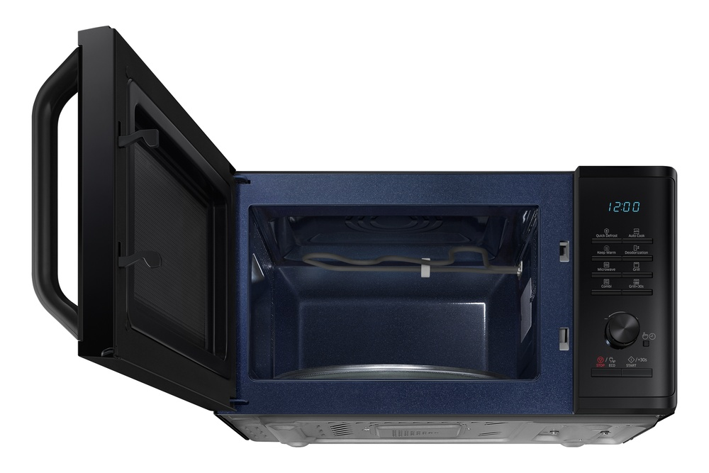 Microondas negro con la puerta abierta, mostrando el interior con plato de vidrio y elemento calefactor.