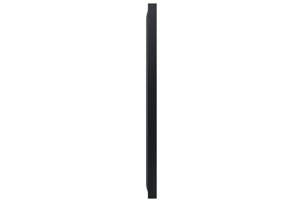 Un objeto rectangular vertical gris oscuro sobre un fondo blanco. Parece una vista lateral de una pantalla o panel.