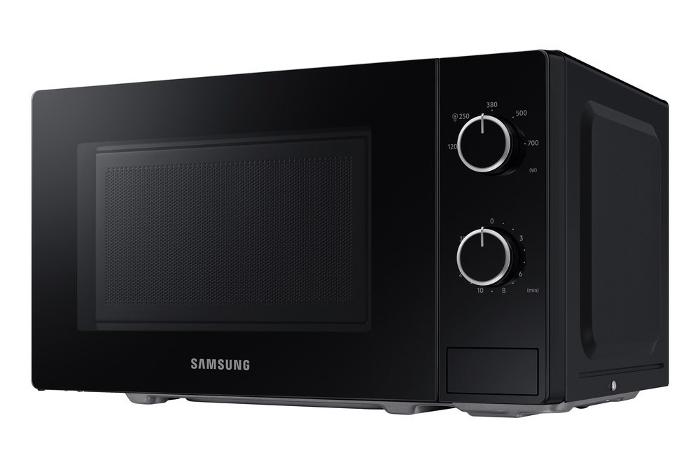 Microondas Samsung negro. Con diales de potencia y tiempo. Puerta de vidrio con diseño de malla. Base plateada.