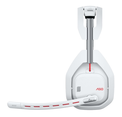 Biały zestaw słuchawkowy dla graczy z mikrofonem, czerwonymi akcentami i logo A50. Stoi pionowo.