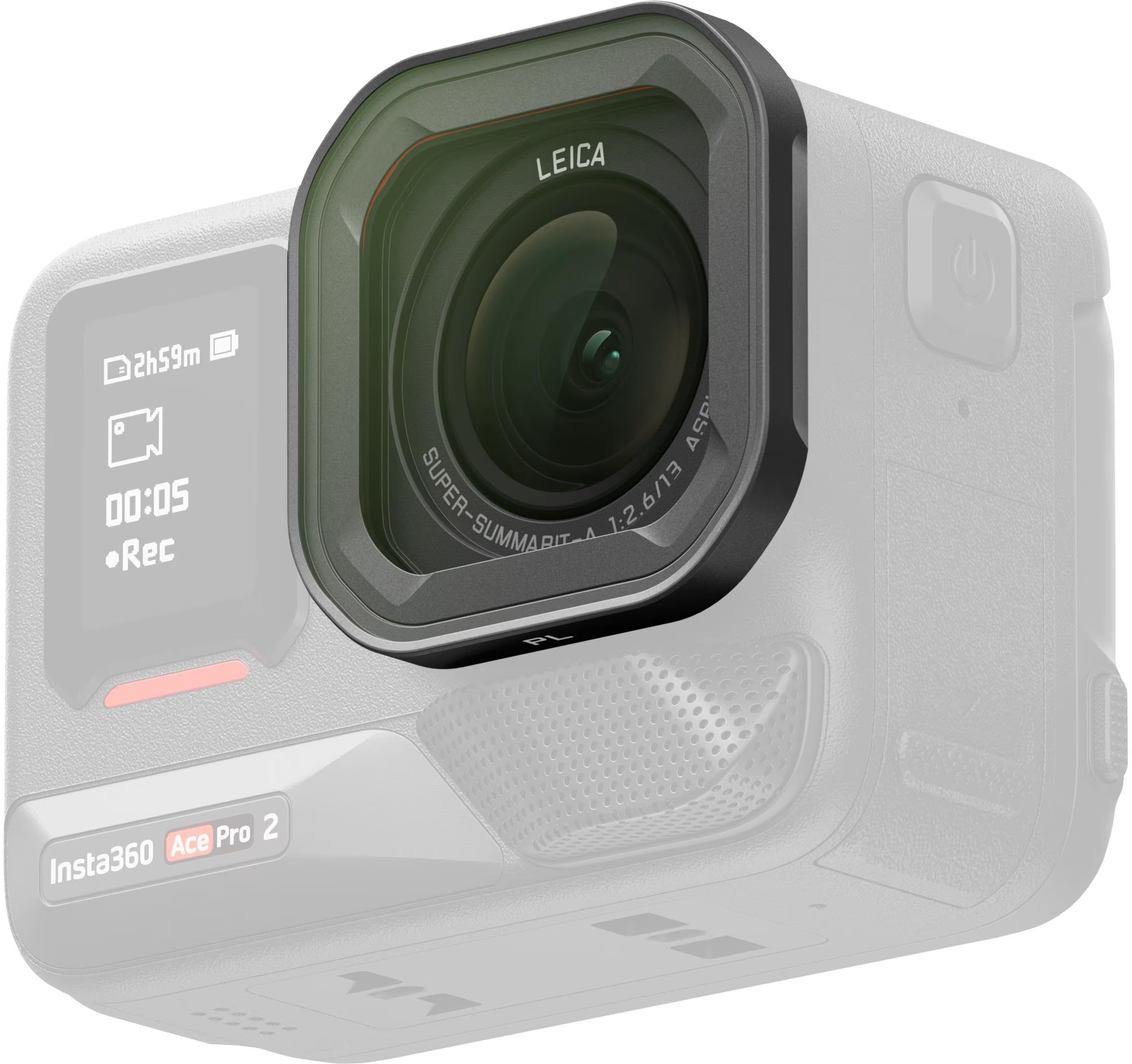 Insta360 Ace Pro 2 Kamera mit Leica-Objektiv. Schwarzer Objektivfilter installiert. Display zeigt Aufnahmezeit.