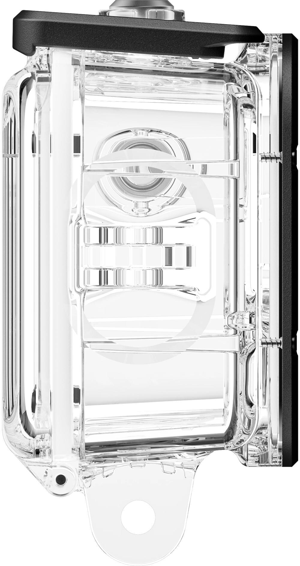 Seitenansicht einer transparenten Kamerahülle mit schwarzem Deckel. Halterungen unten sichtbar.