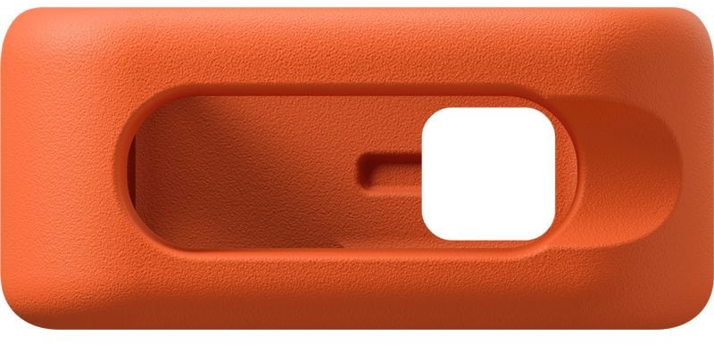 Oranger Kamerarahmen, Draufsicht mit rechteckigem Ausschnitt für das Objektiv und Markenlabel.