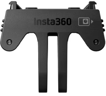 Support Insta360 noir. Logo Insta360. Deux bras de montage. Base noire avec trou de vis.