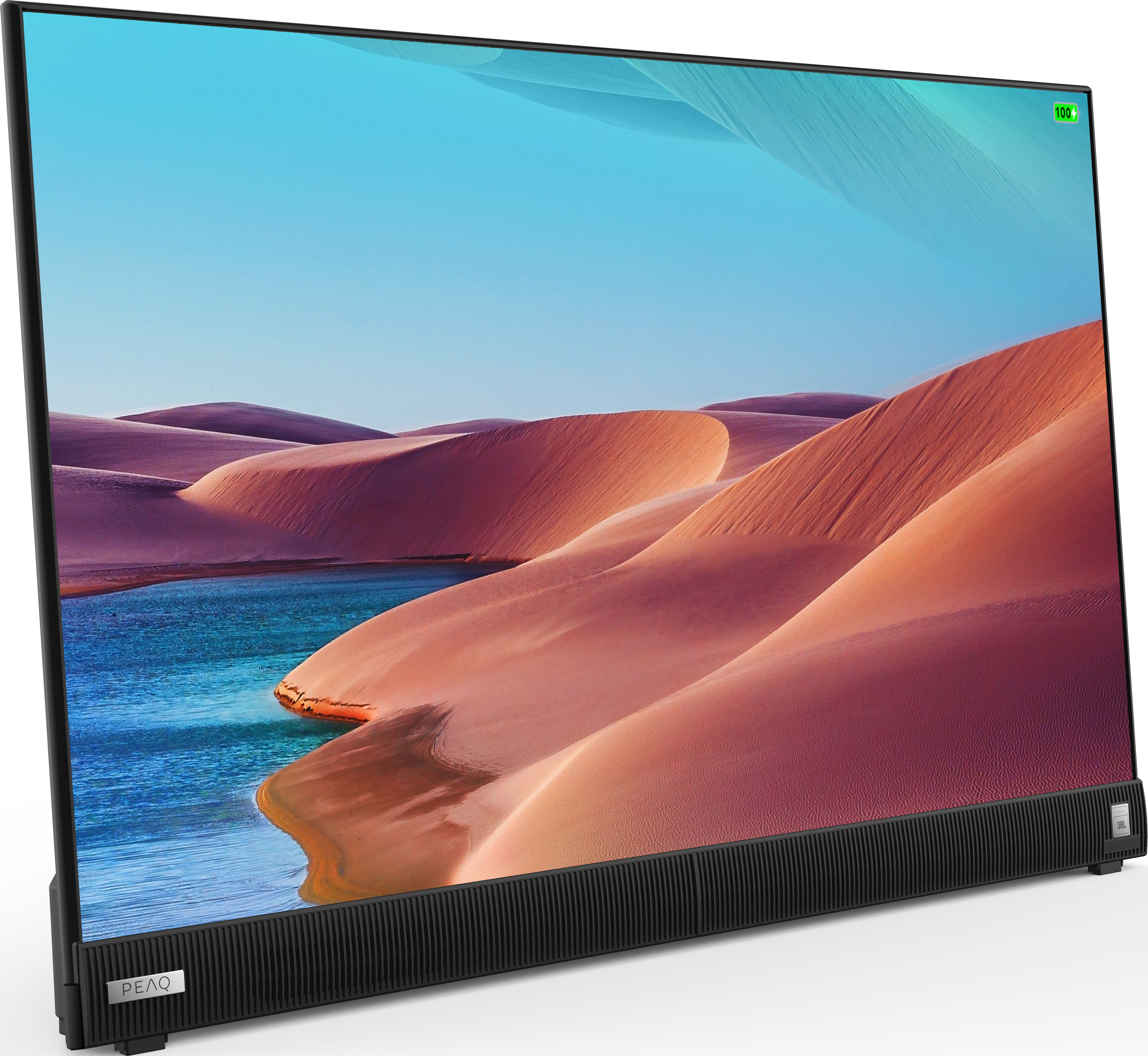 Ein gewölbter Fernseher, der eine Wüstenlandschaft mit rosa Dünen und blauem Himmel zeigt.