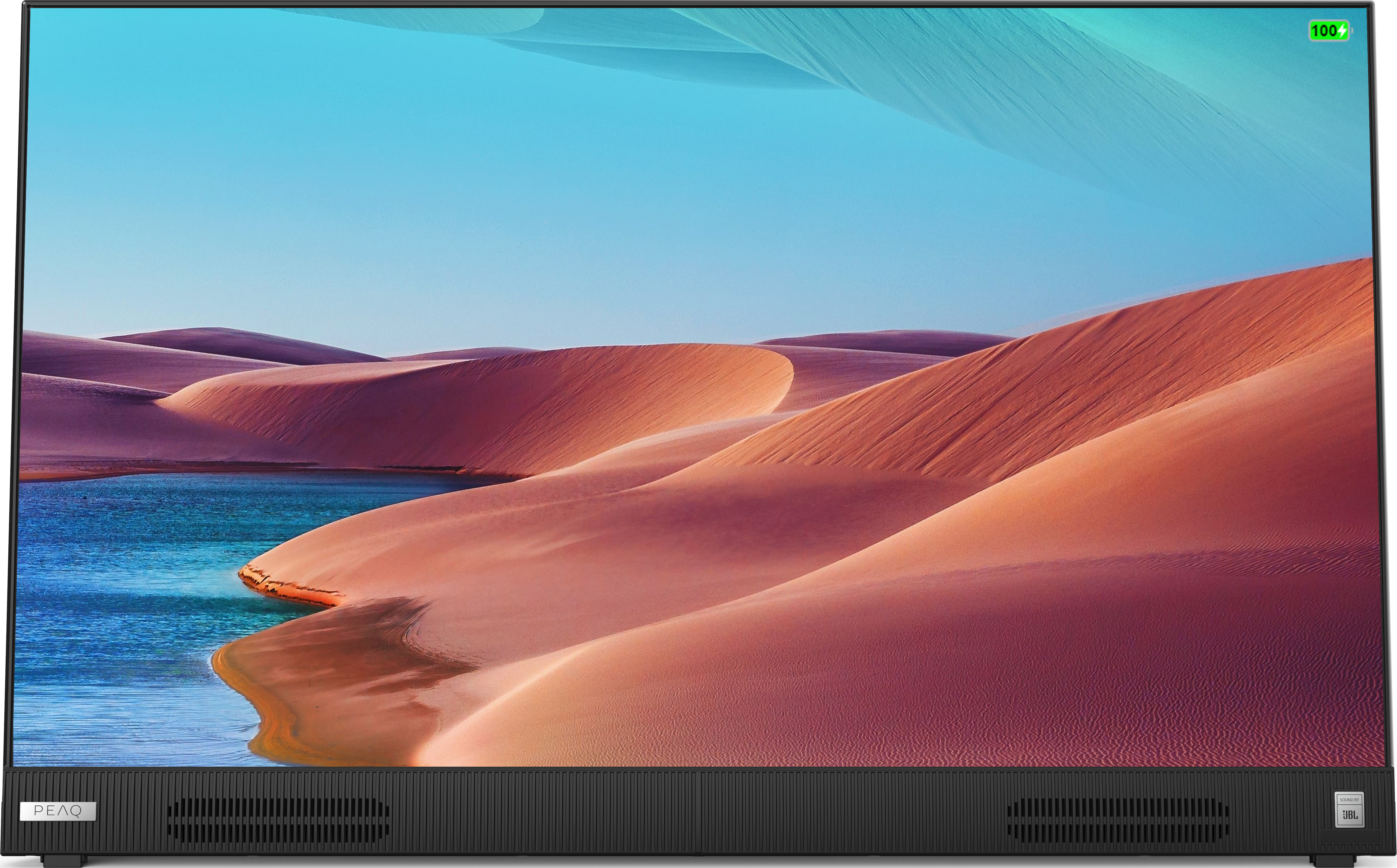 Ein TV-Bildschirm, der eine Wüstenszene mit rosa Dünen, blauem Himmel und Wasser zeigt, kurviges Design.