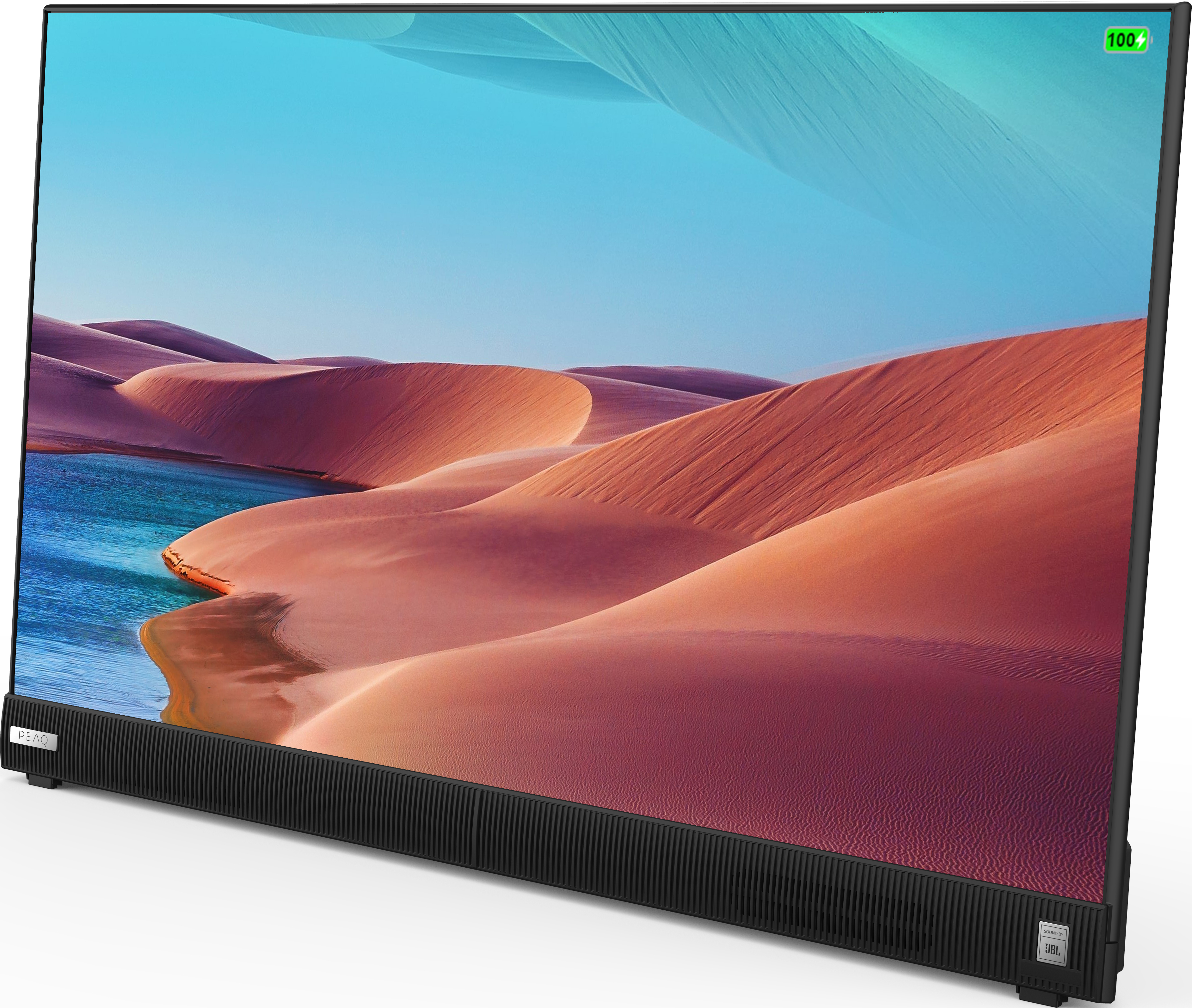Ein gewölbter Fernseher, der eine Wüstenszene mit rosa Dünen und blauem Himmel mit Wasser zeigt.