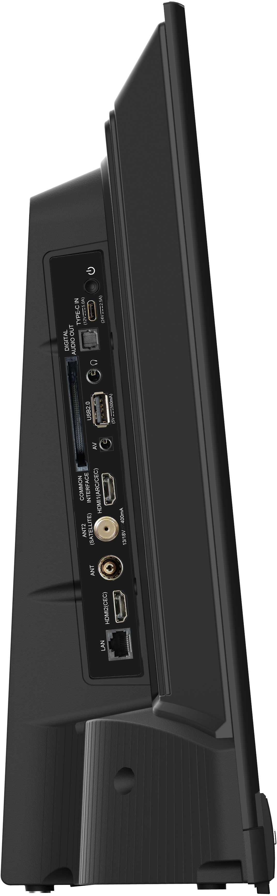 Seitenansicht eines schwarzen Fernsehers mit verschiedenen Eingangsanschlüssen: Digital Audio Out, USB, AV, HDMI und LAN.