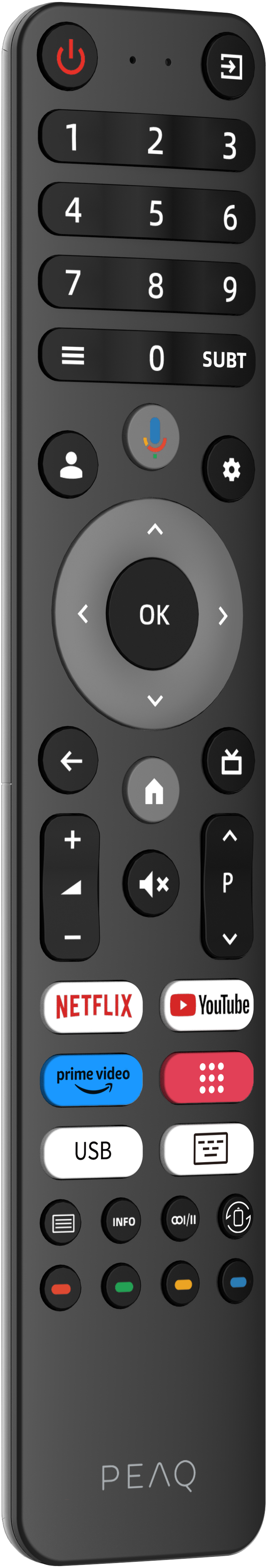 Eine TV-Fernbedienung mit vielen Tasten, darunter Netflix, YouTube und eine USB-Taste.