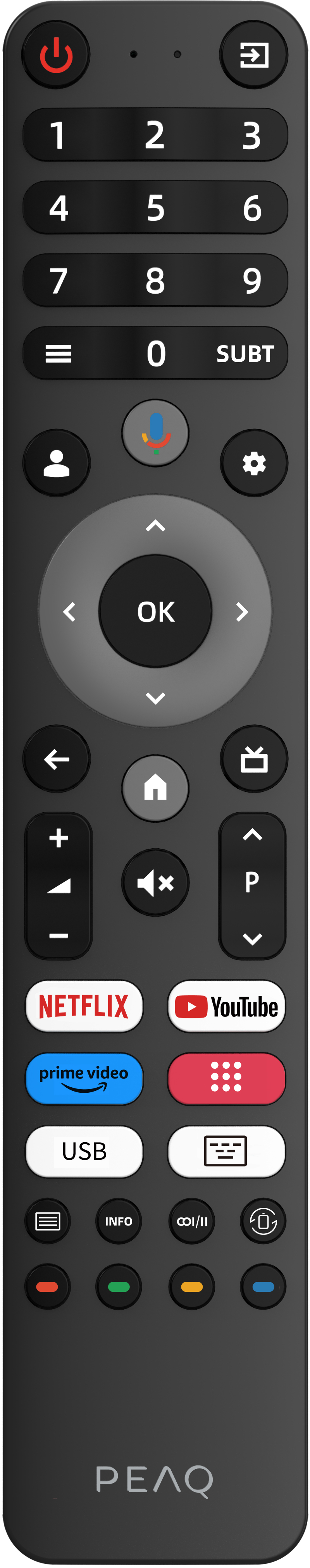 Schwarze Fernbedienung mit Tasten, darunter Zahlen, Netflix, YouTube und ein zentrales Navigationsfeld.