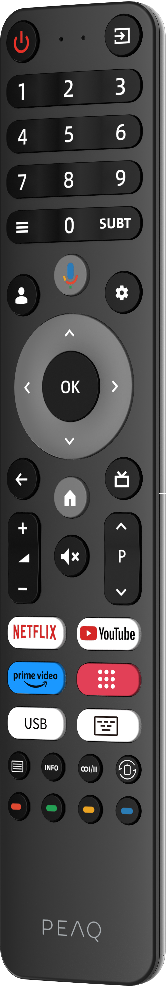 Schwarze Fernbedienung mit Tasten, darunter Zahlen, Netflix, YouTube und ein zentrales Navigationsfeld.