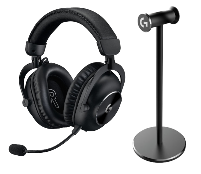 Czarne słuchawki z mikrofonem i stojakiem. Stojak ma logo 'G'.
