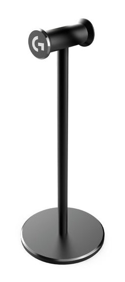 Czarny stojak na słuchawki. Posiada okrągłą podstawę, wysoki centralny słupek i poziomą górną belkę.