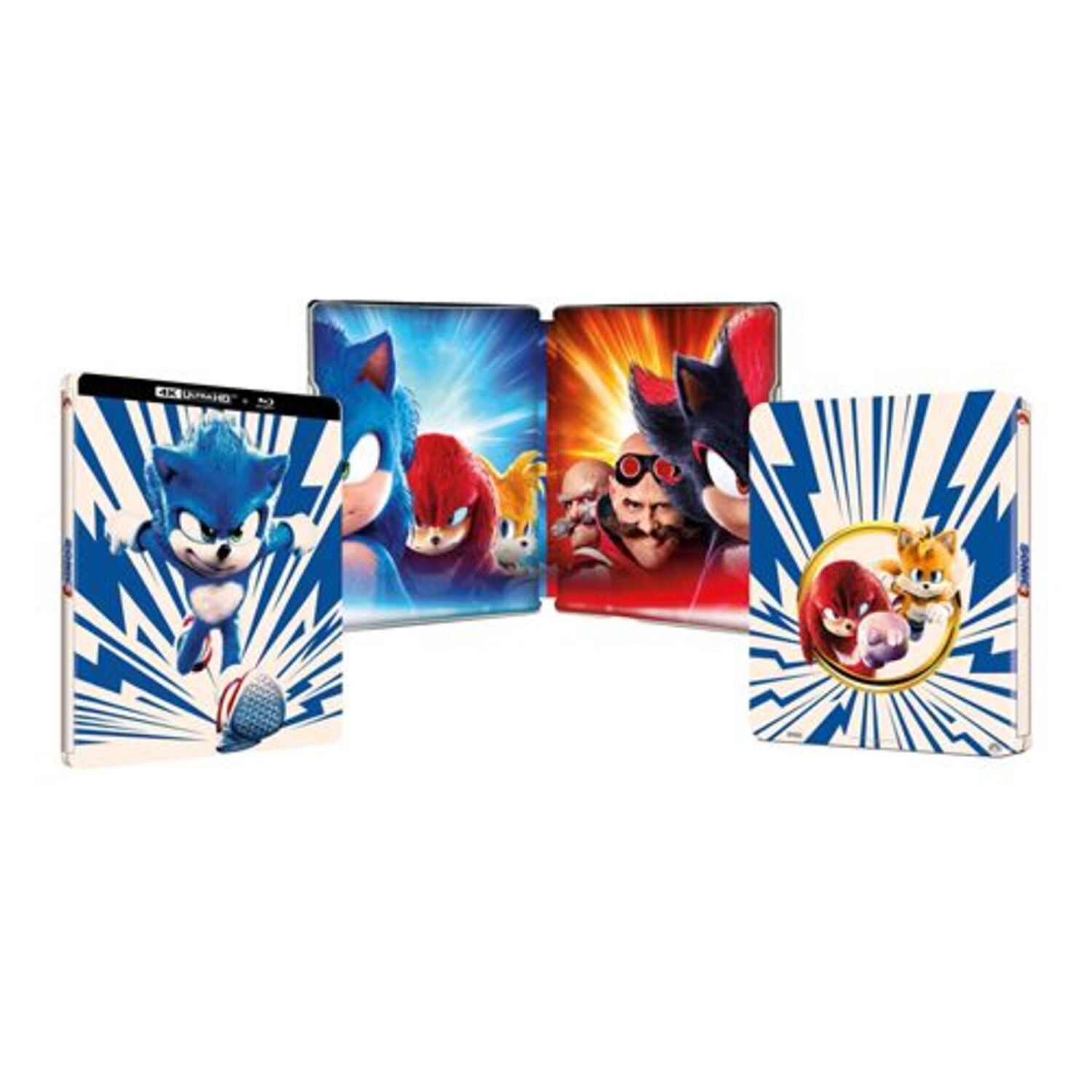 Sonic film Blu-ray covers. Vier covers met Sonic en andere personages in actieposities.