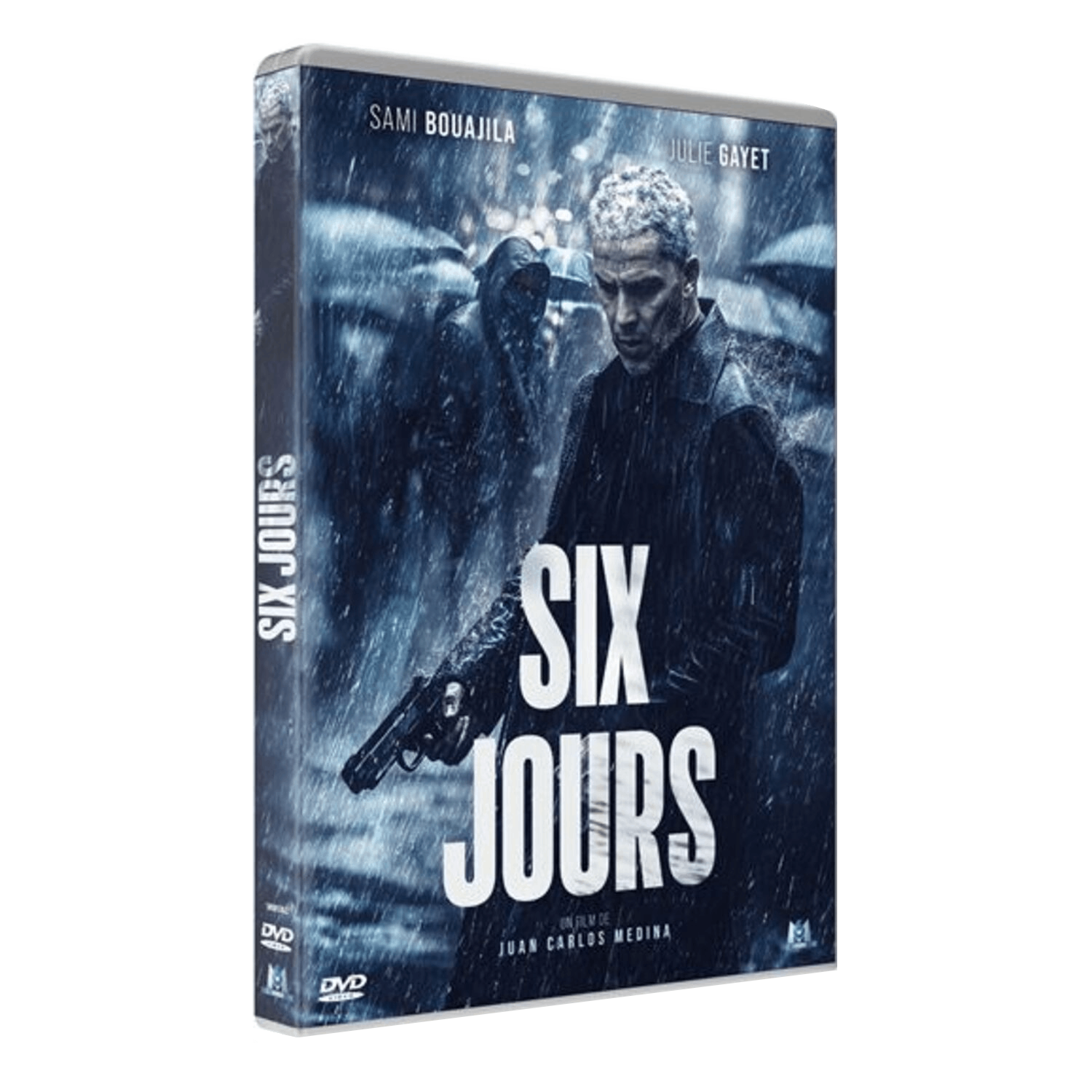 DVD-hoes voor "Six Jours". Man met pistool in de regen. Andere figuur op de achtergrond, titel in het midden.