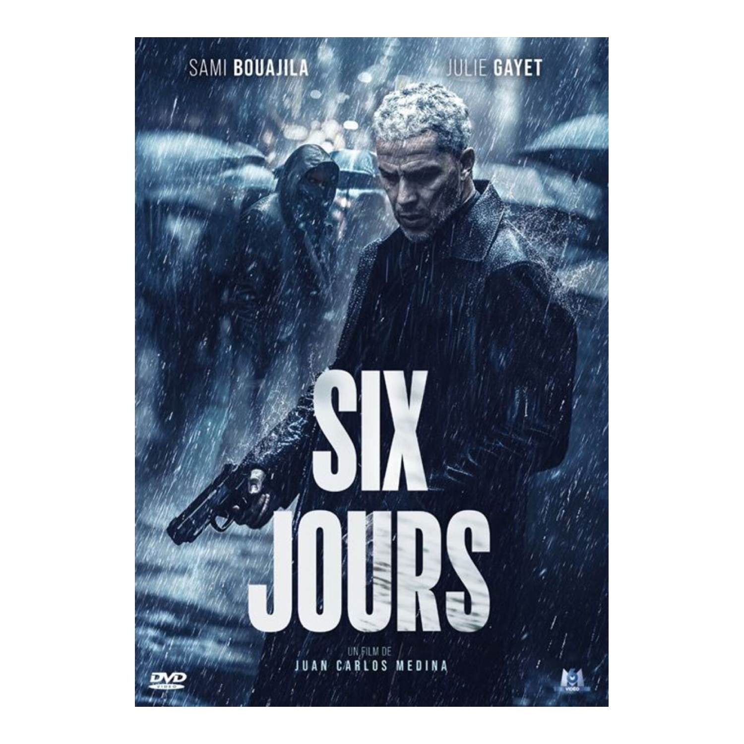 Filmposter voor "Six Jours". Man met pistool in de regen. Andere figuur op de achtergrond, titel in het midden.