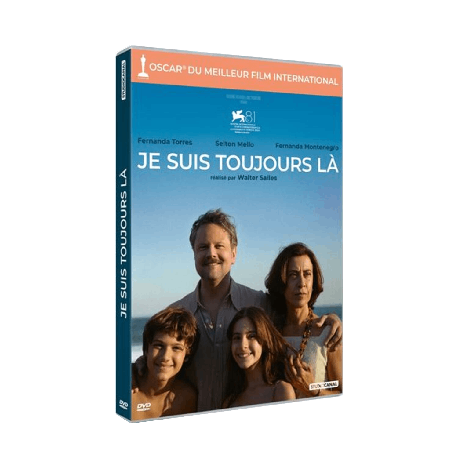 DVD-hoes: een gezin van vier op het strand. De titel is "JE SUIS TOUJOURS LÀ".