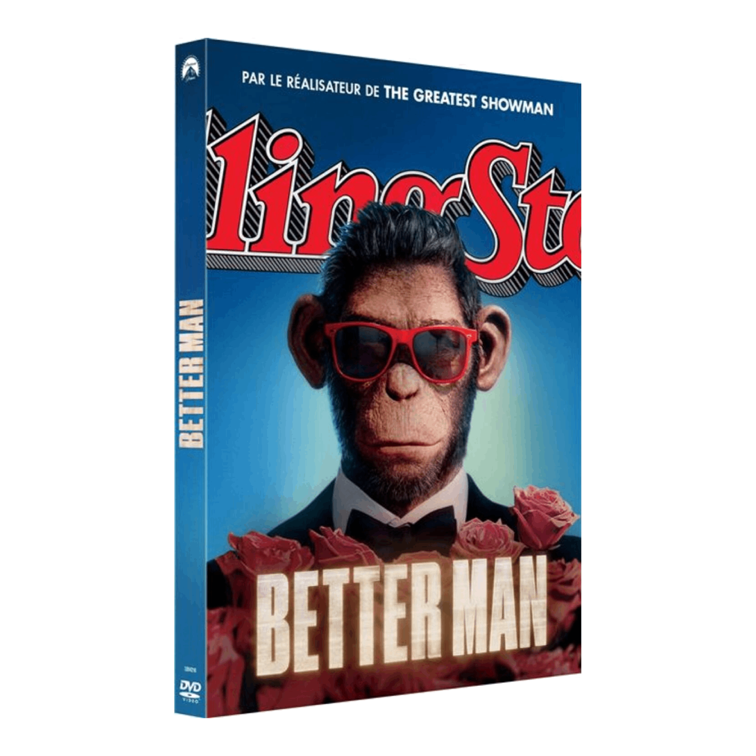 Couverture DVD : Un singe en costume et lunettes de soleil. Le titre est « Better Man ».