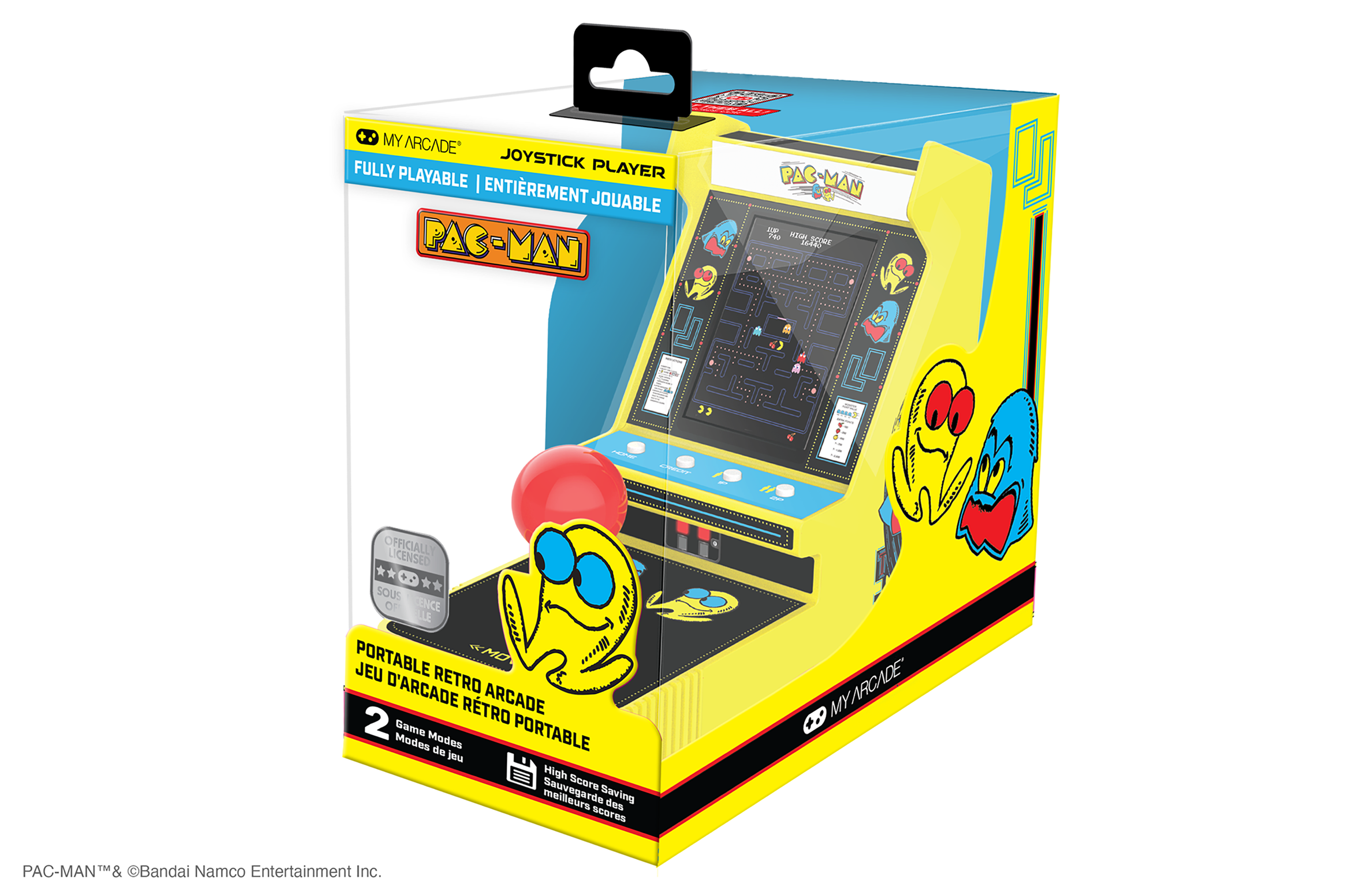 Kırmızı bir joystick'e sahip kutulu sarı bir Pac-Man atari oyunu. Kutuda oyun detayları ve logo var.