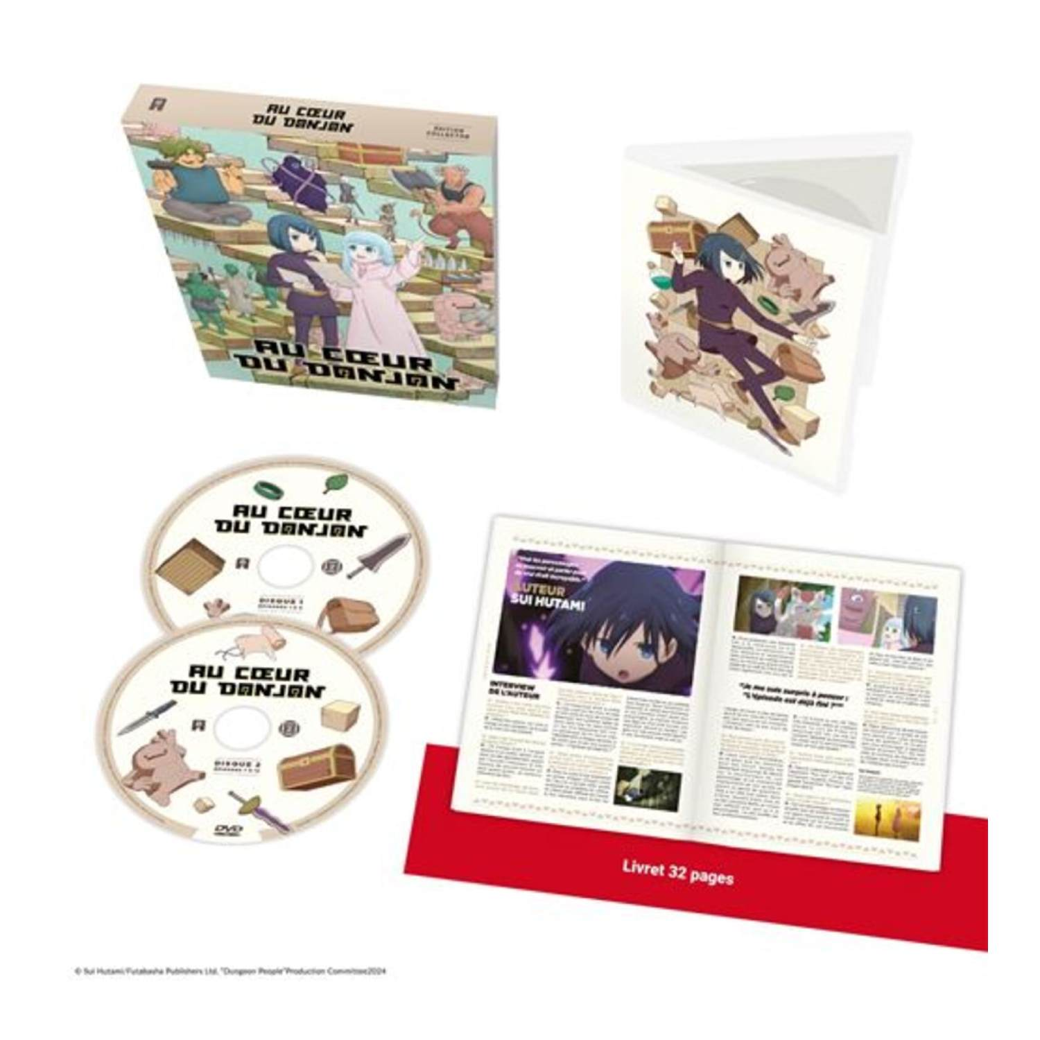 Een verzameling items: dvd, boekje en schijven gerelateerd aan "Au coeur du Donjon".