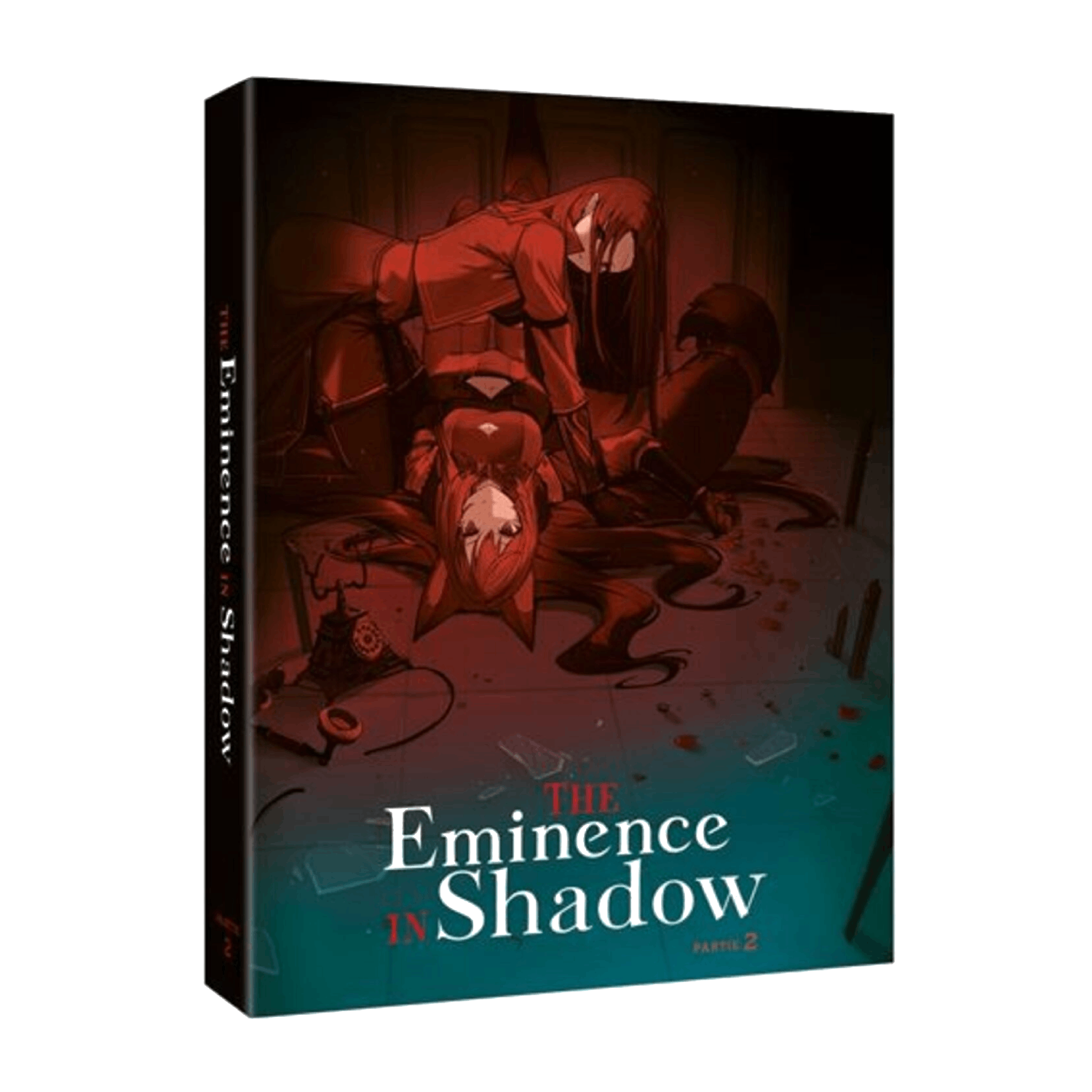 DVD-hoes: Anime-personages in een kamer. De titel is "The Eminence in Shadow".