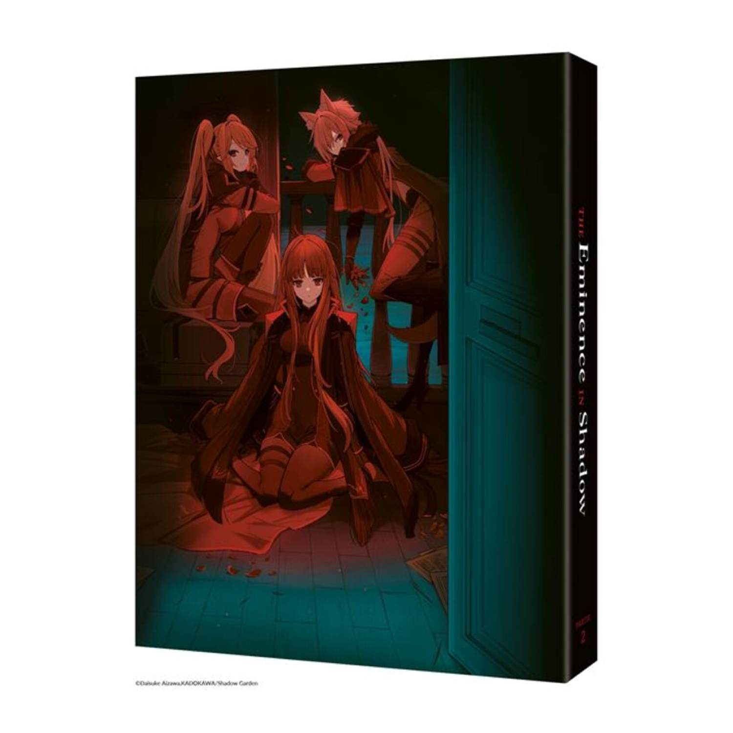 Anime-cover toont drie figuren in rood, in een donkere kamer. Titel: The Eminence in Shadow. Deel 2.