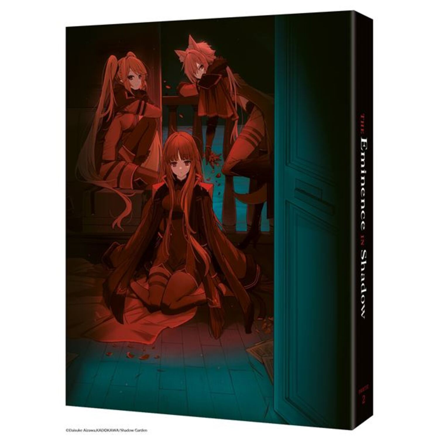 The Eminence in Shadow, Part 2 DVD cover. Three female characters in red, in a dark room with a teal door.