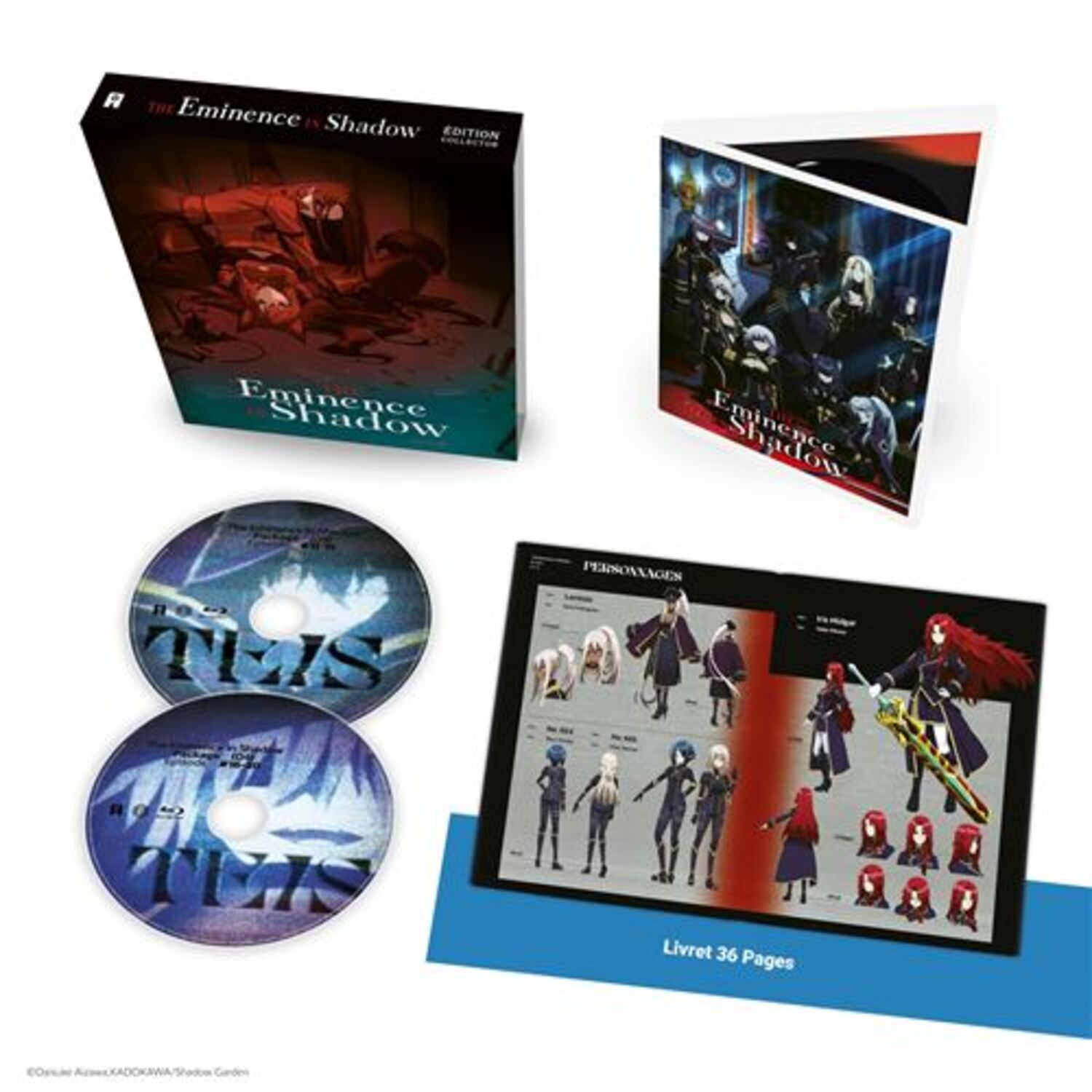 The Eminence in Shadow DVD set. Discs and a booklet with character art. Cover shows characters in red.