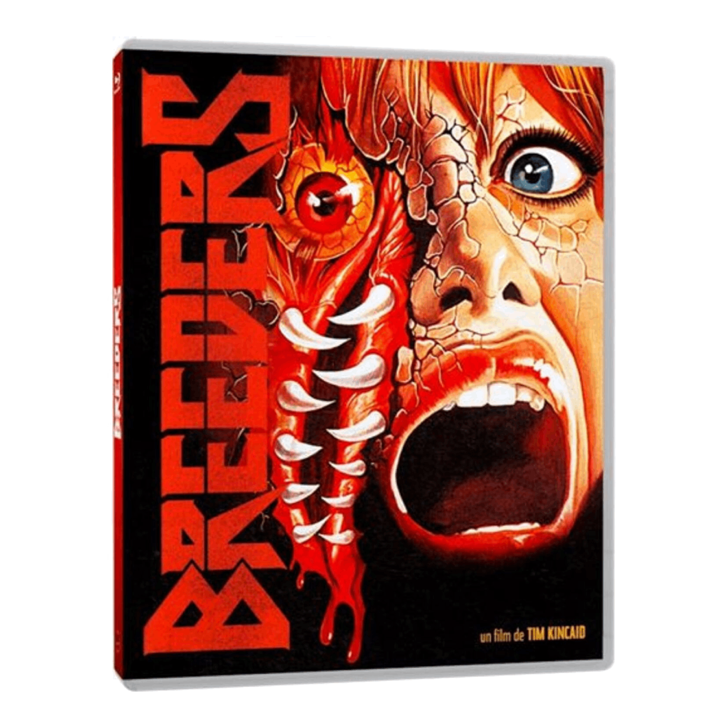 Couverture du DVD du film Breeders. Gros plan sur un visage hurlant avec un œil déformé et de la chair ensanglantée.