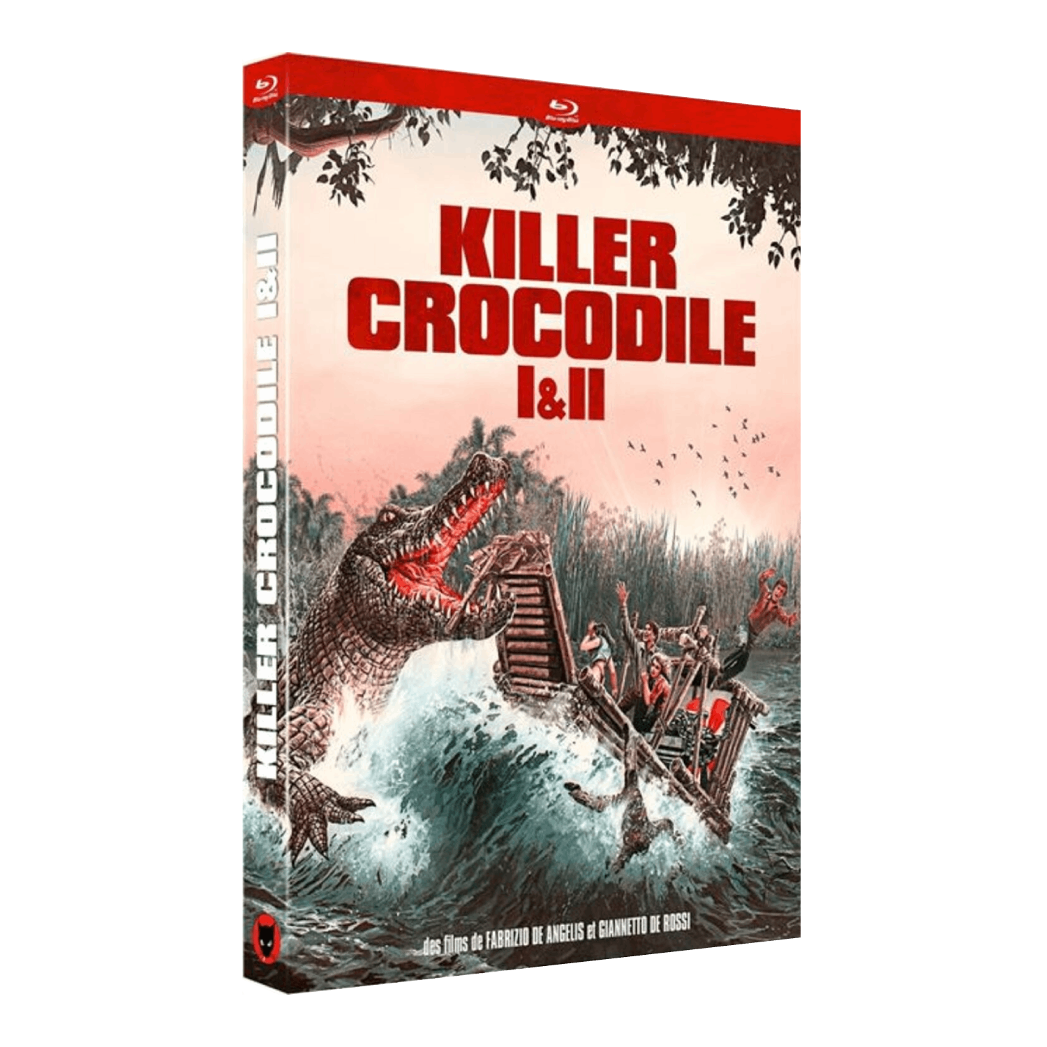 Boîtier DVD avec 'Killer Crocodile I&II'. Montre un crocodile attaquant un bateau avec des gens. Couleurs rouge, vert et bleu.