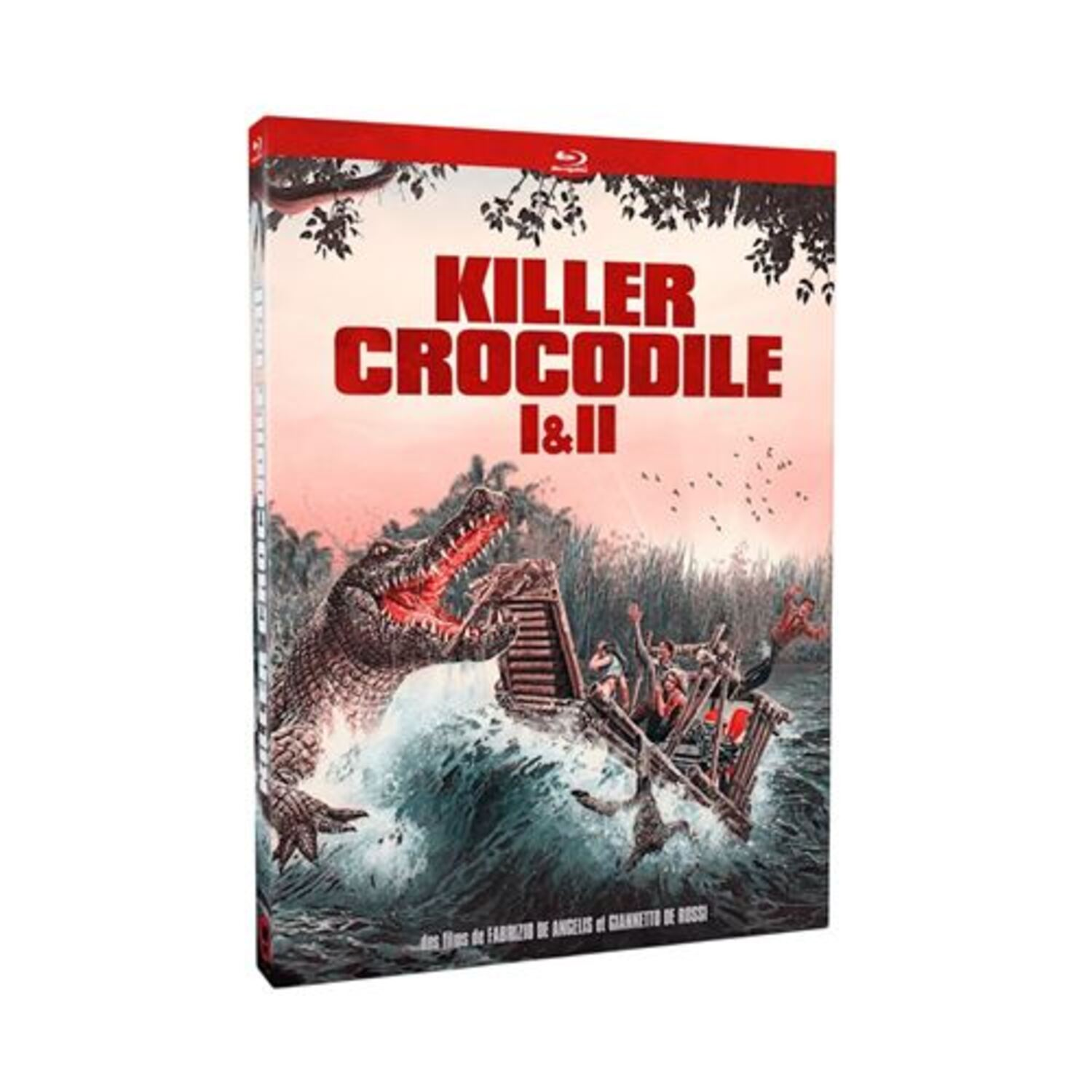 Boîtier DVD avec 'Killer Crocodile I&II'. Montre un crocodile attaquant un bateau avec des gens. Couleurs rouge, vert et bleu.