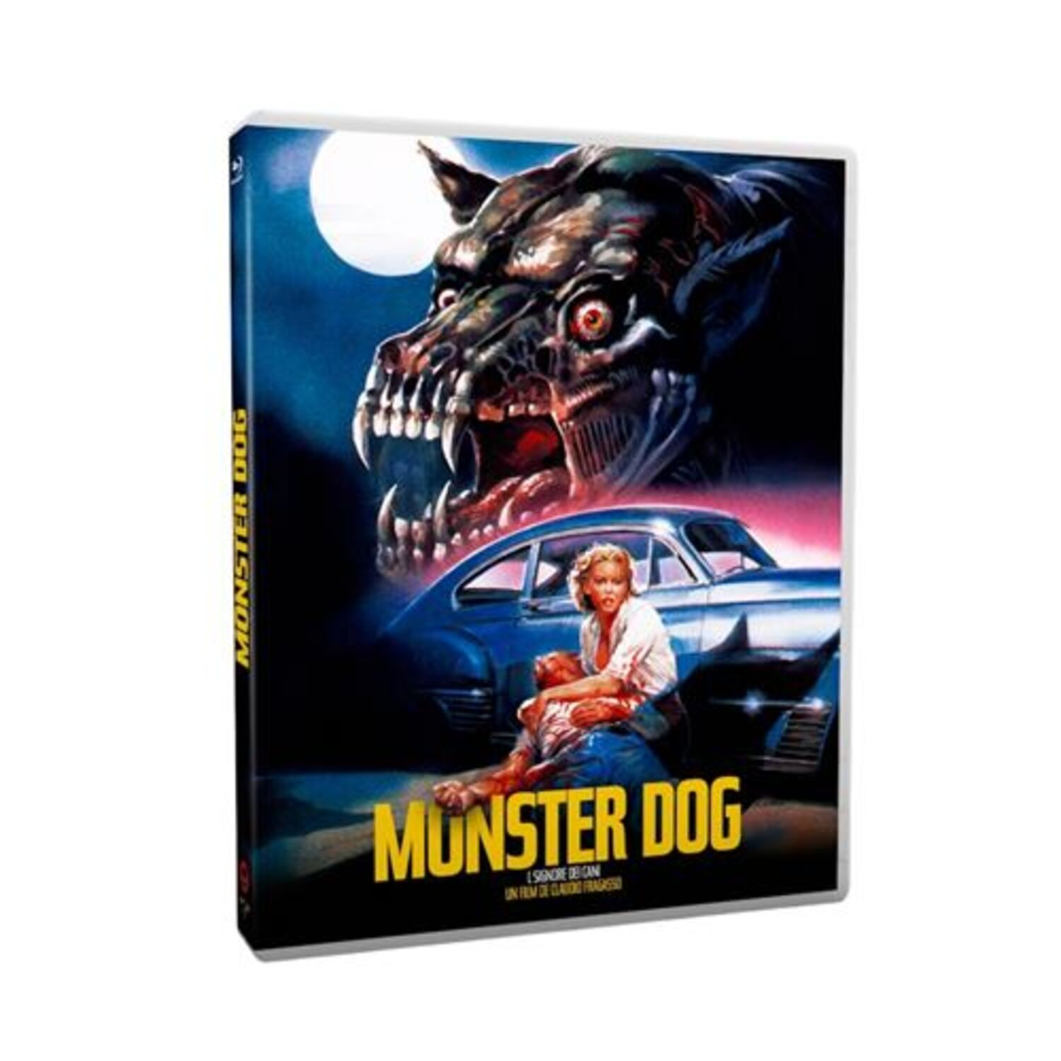 Boîtier DVD avec 'Munster Dog'. Il montre un chien monstre, une femme et une voiture. La lune est en arrière-plan.
