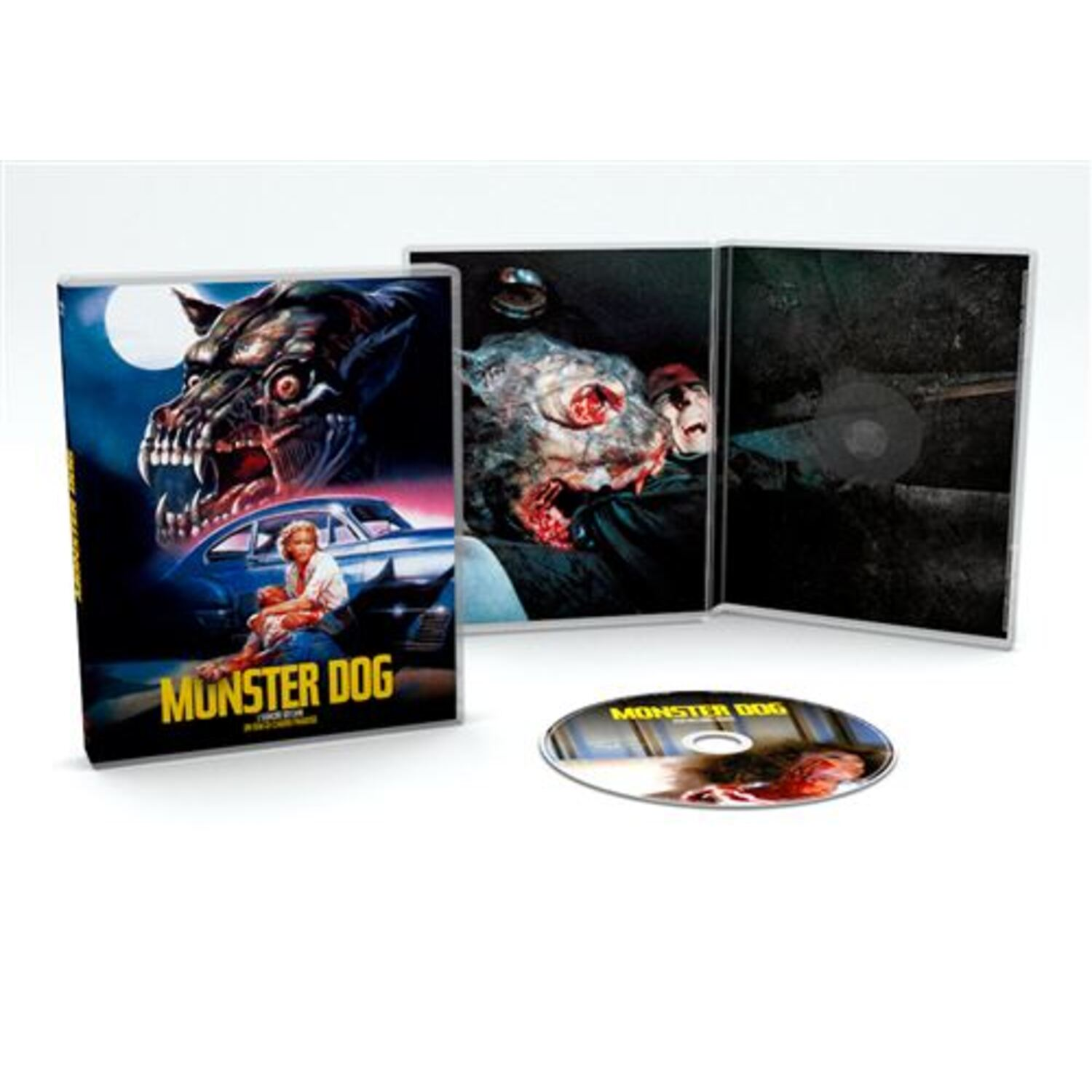 Boîtier DVD avec 'Munster Dog'. Il montre un chien monstre, une femme, une voiture et un disque. Pleine lune en arrière-plan.