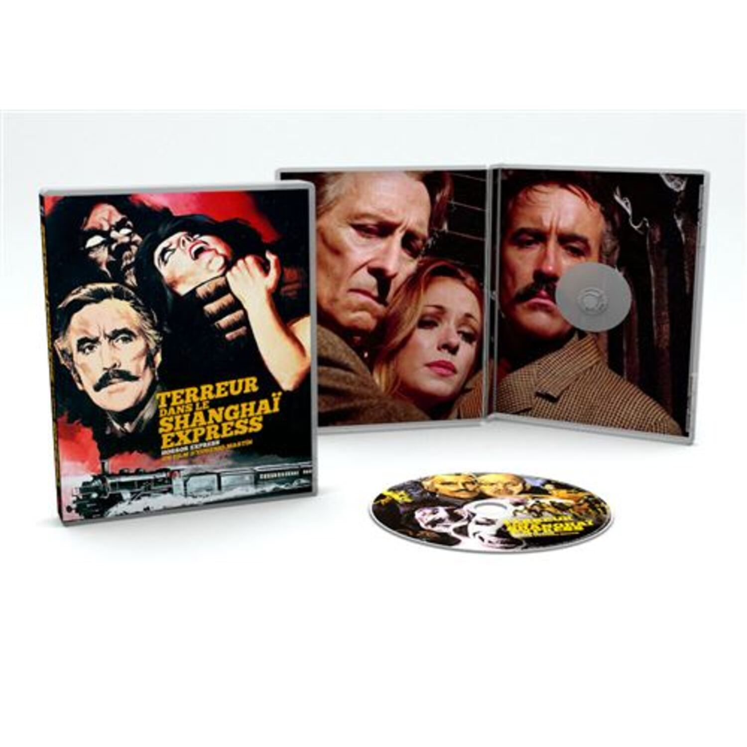Coffret de films : Couverture, panneaux intérieurs et un DVD. Visages et train visibles.