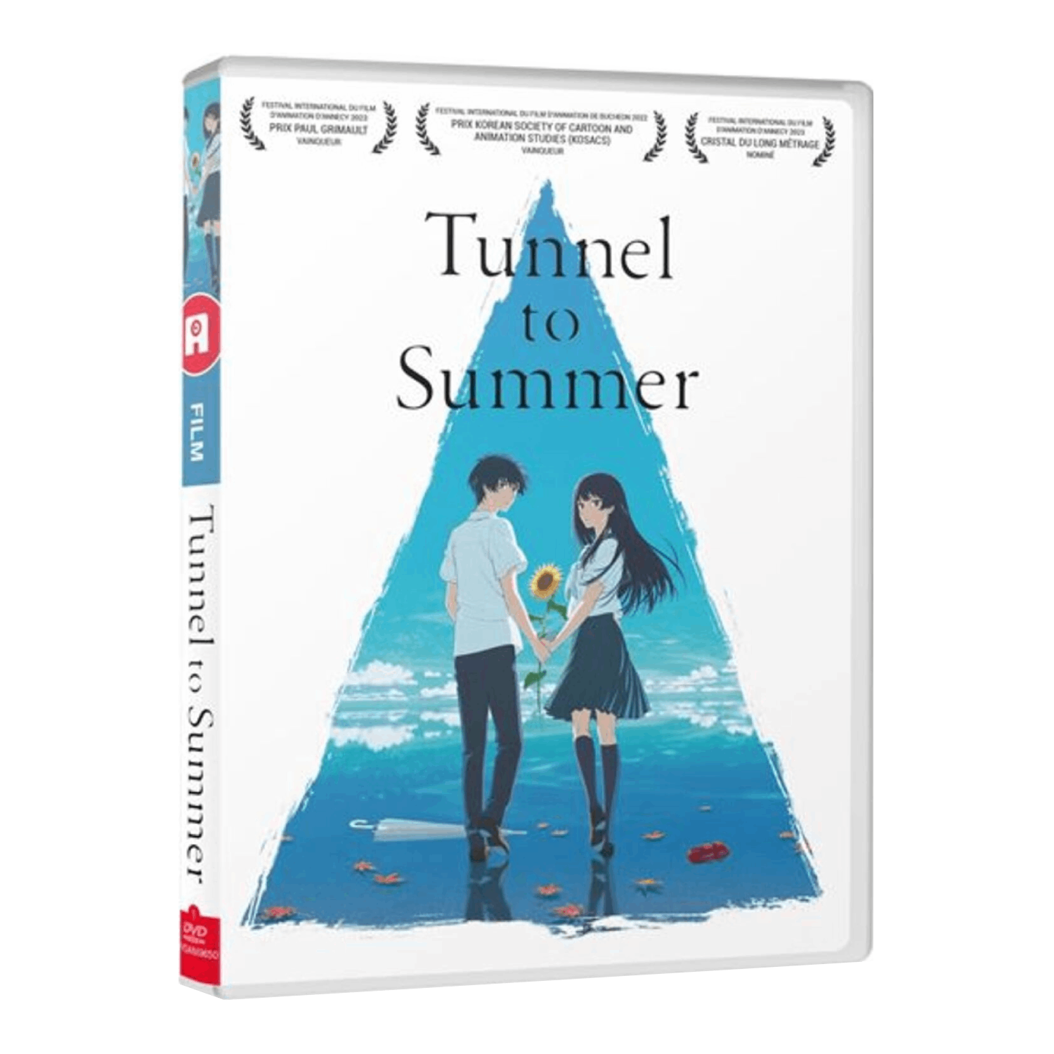 Filmaffiche met anime-personages, een driehoek en de titel 'Tunnel to Summer'.