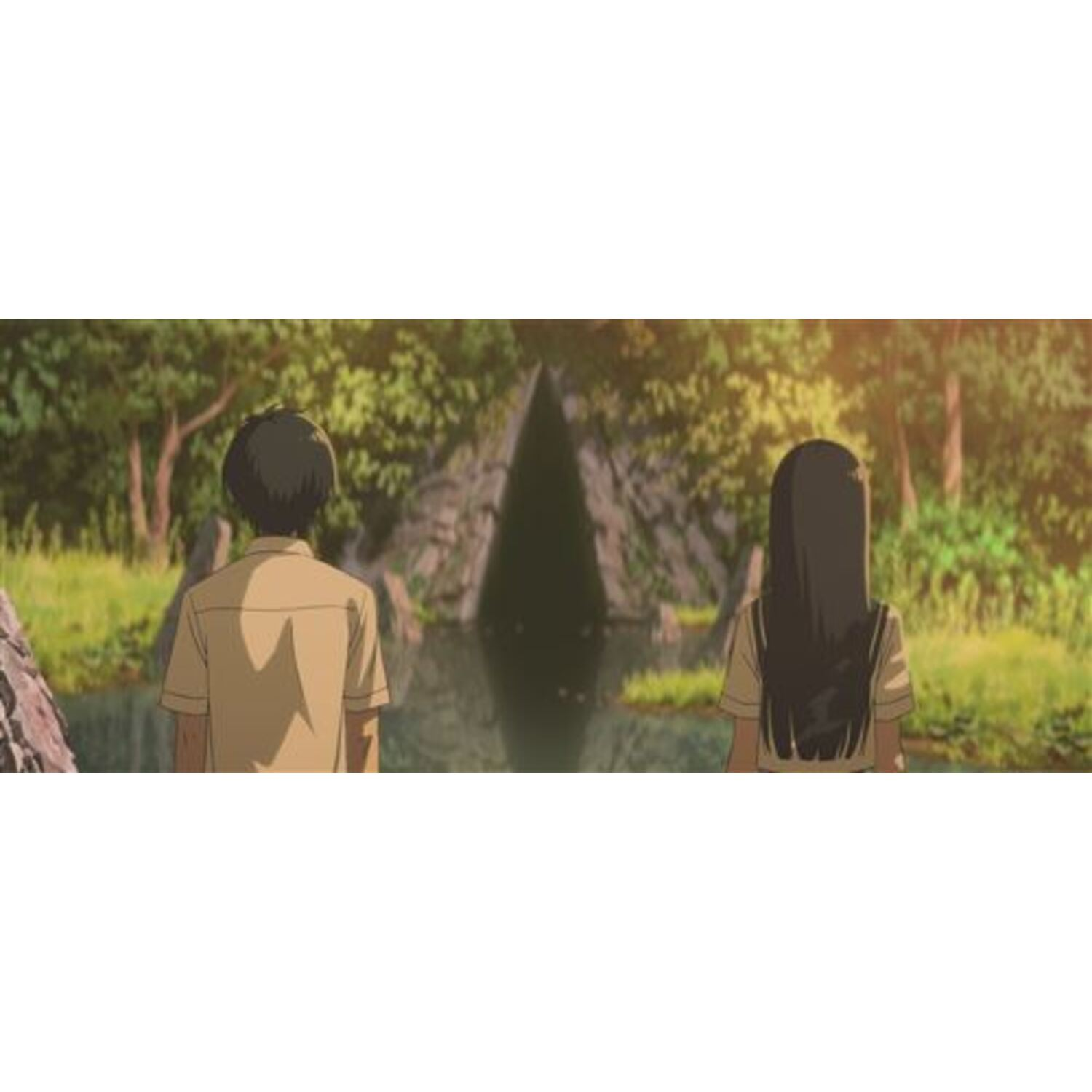 Animescène: een jongen en een meisje kijken naar een donkere opening in een bos.