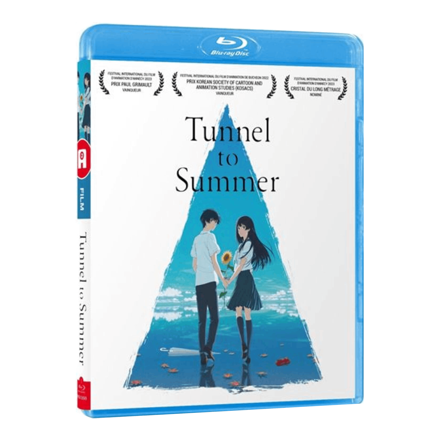 Couverture de film : personnages d'anime, un triangle et le titre 'Tunnel to Summer'.