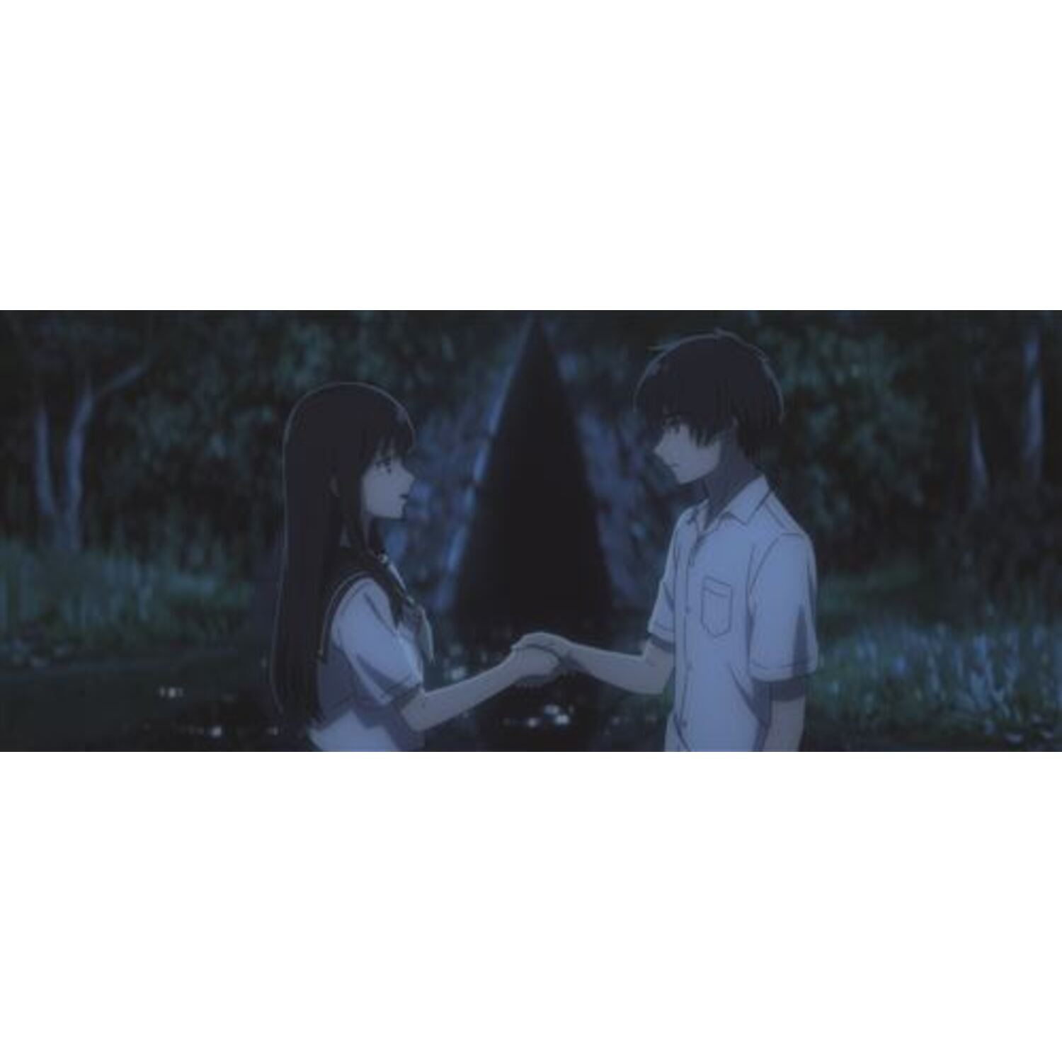Deux personnages d'anime se tiennent la main dans une forêt. L'un est une femme, l'autre un homme.