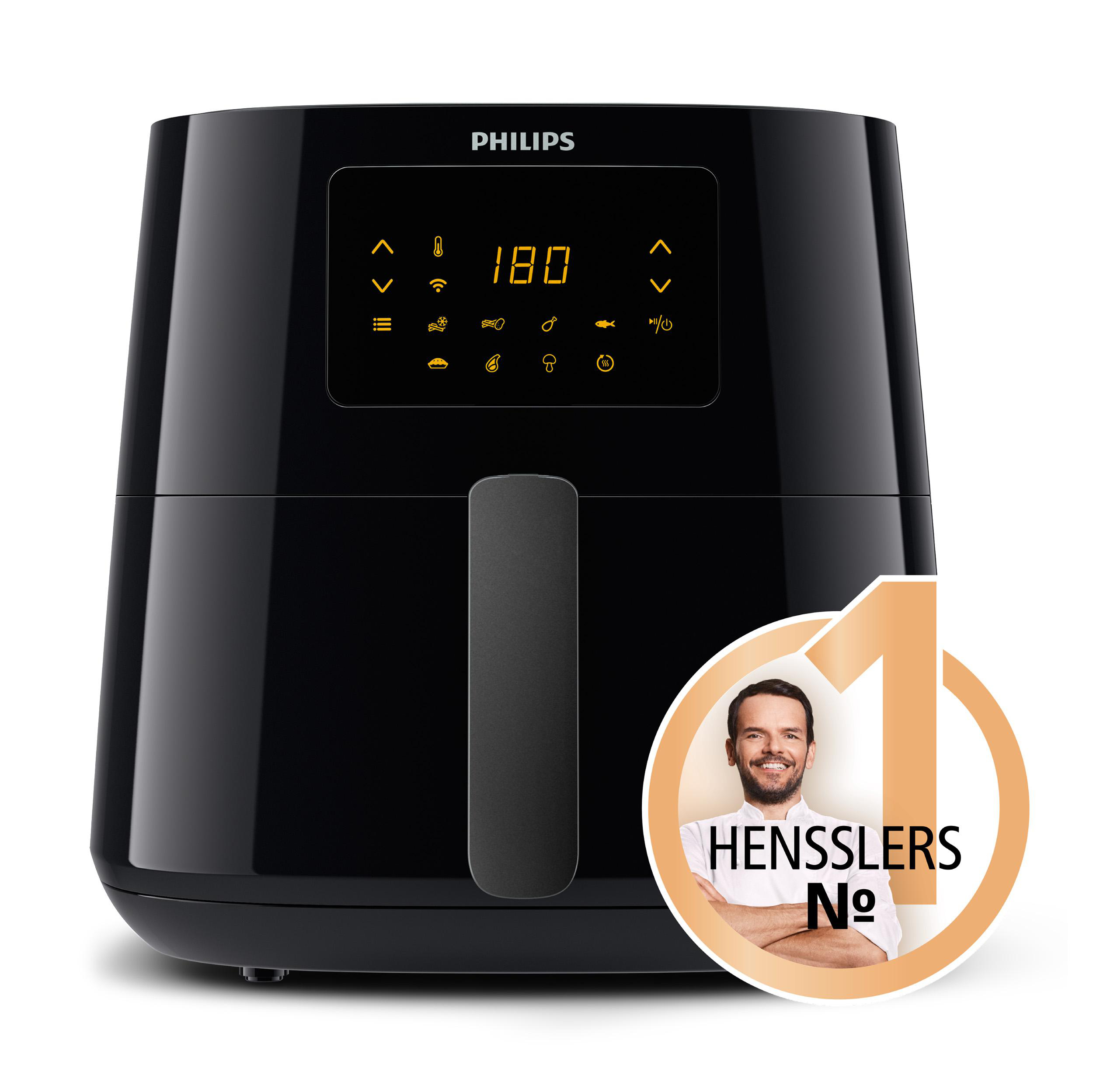 Schwarze Heißluftfritteuse mit Digitalanzeige und Aufkleber eines Kochs.