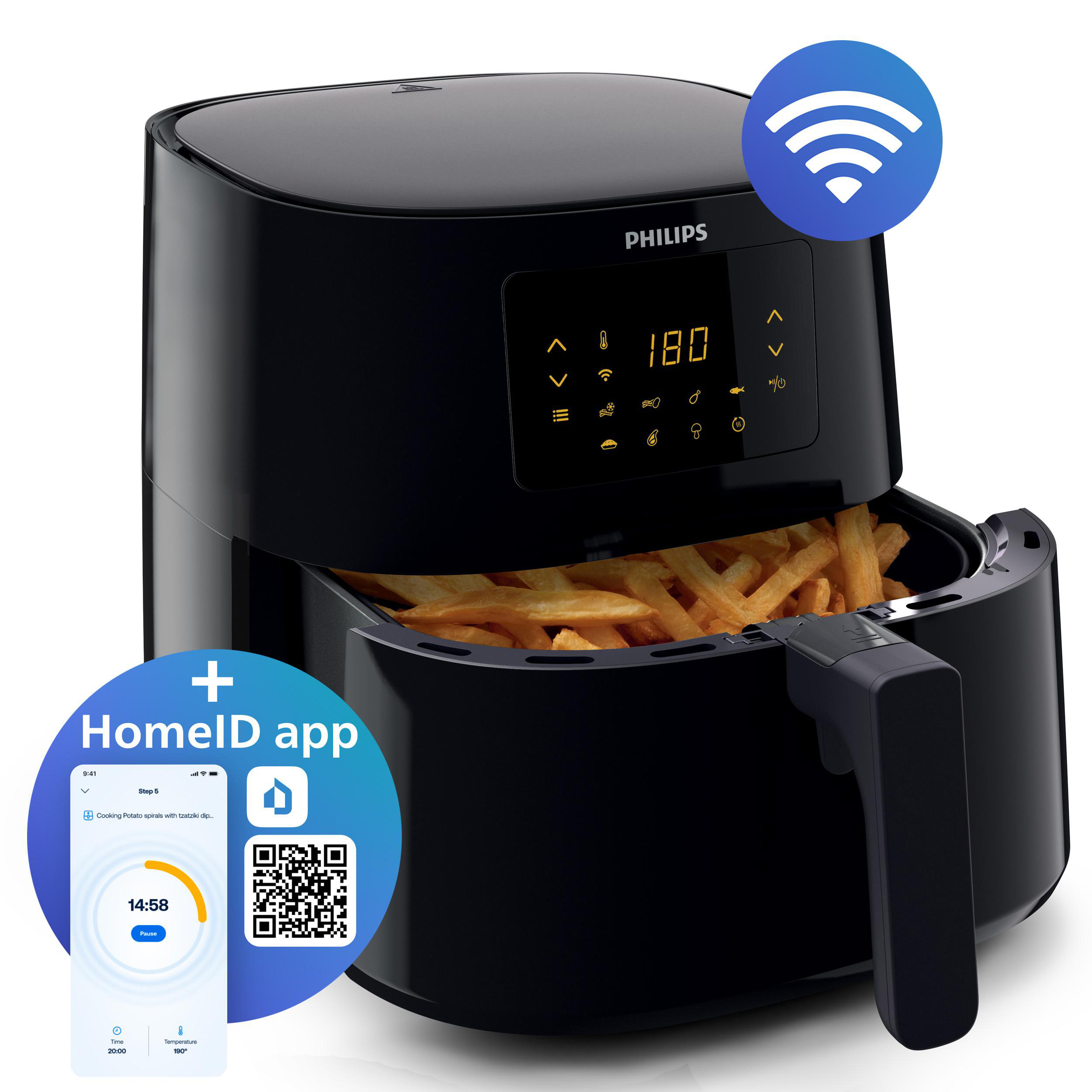 Schwarze Heißluftfritteuse mit Pommes, Philips-Logo, Wi-Fi-Symbol und App-Oberfläche.