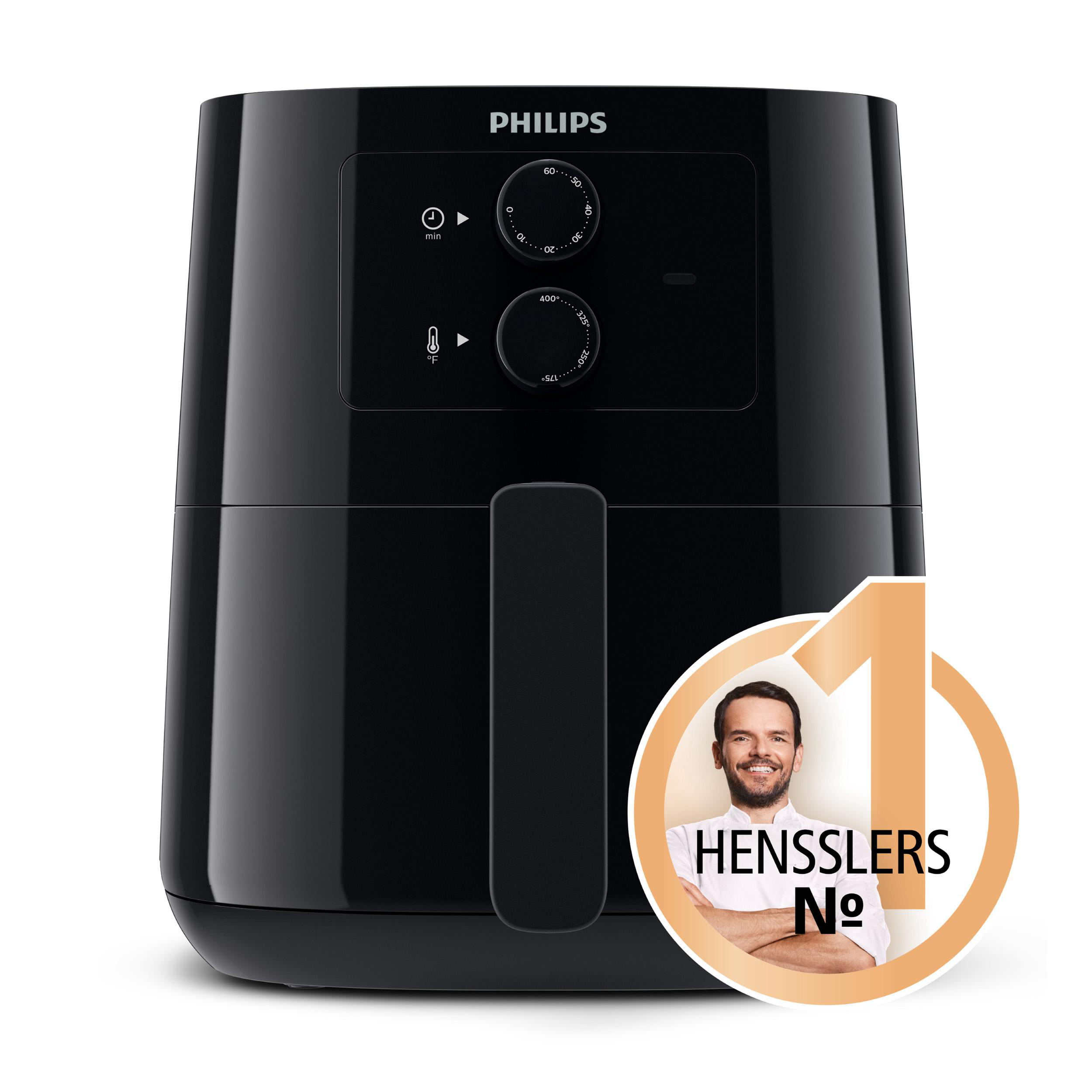 Eine schwarze Philips Heißluftfritteuse mit schwarzem Griff.  Ein Logo mit einem Koch befindet sich rechts.