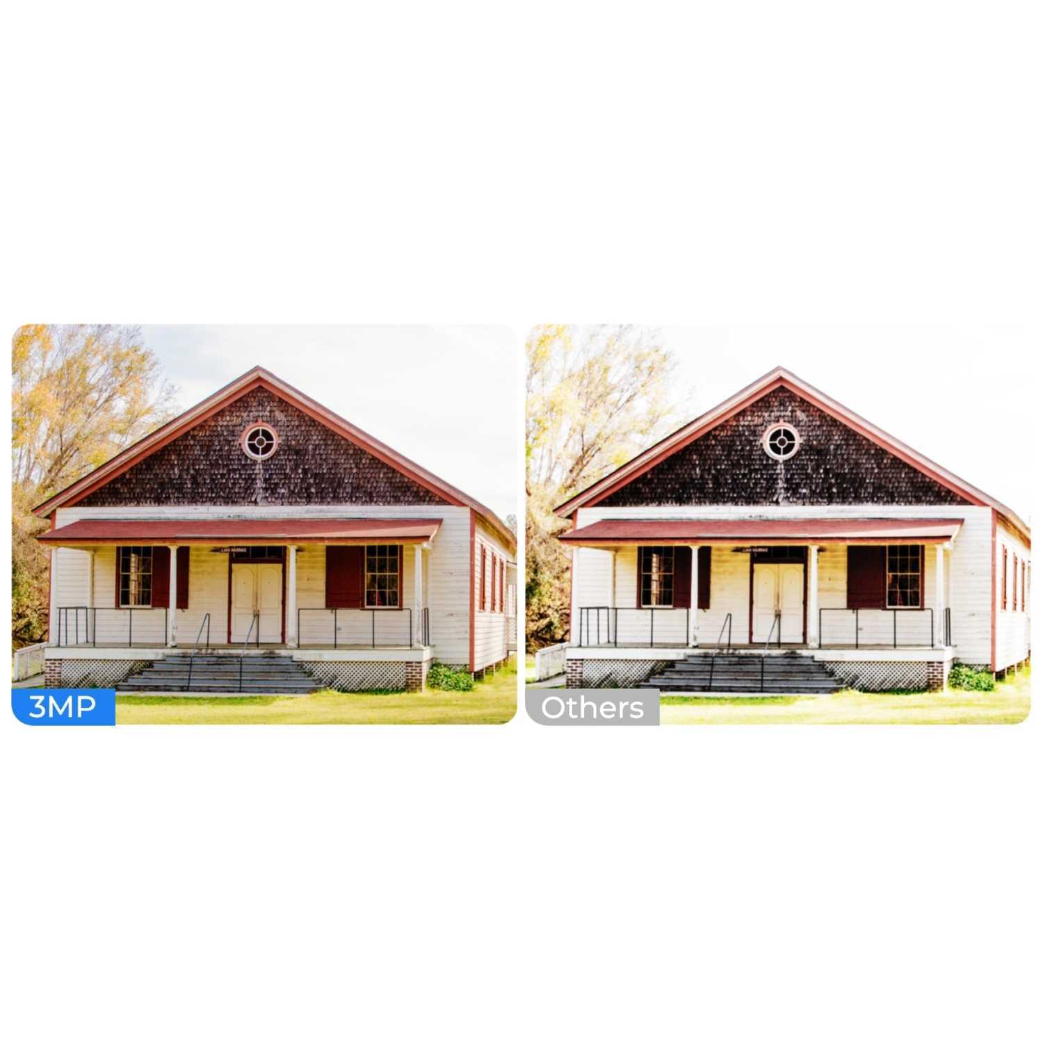 Two photos of a white church with a red roof, steps, and a grassy yard.