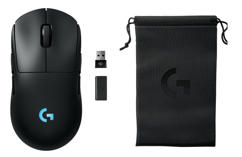 Czarna bezprzewodowa mysz Logitech, odbiornik USB, adapter i torba.