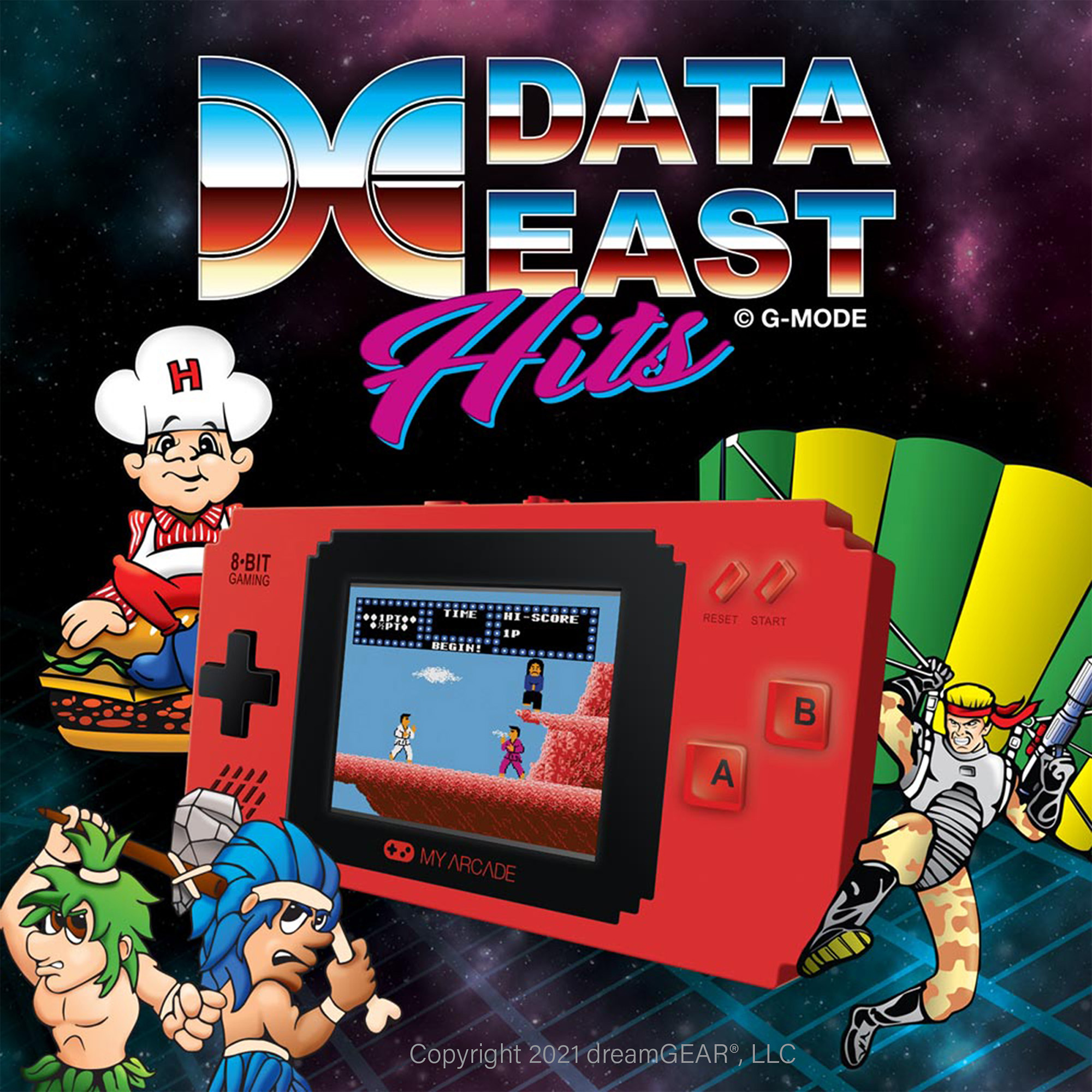 Retro oyun reklamı. Oyun sahnesi, karakterler ve Data East Hits logosu olan kırmızı el konsolu, çizgi film karakterleriyle çevrili.