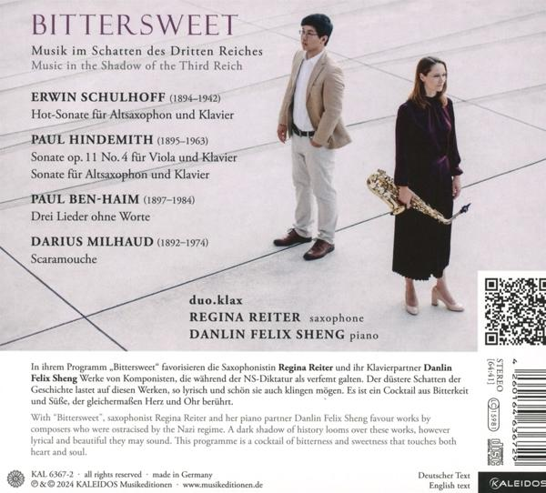 CD-Cover: Zwei Personen, Frau mit Saxophon, Mann. Text: Bittersweet, Musik im Schatten des Dritten Reichs. Duo.klax.